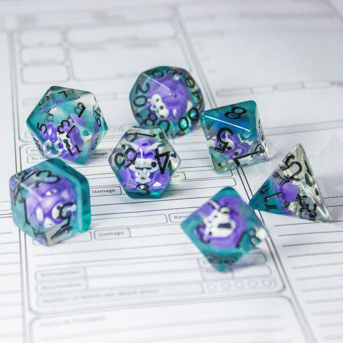 Purple Grim Reaper DnD Dice Set| Dungeons and Dragons Red and Clear Transparent Dice (7) | Polyhedral Dice - MysteryDiceGoblins