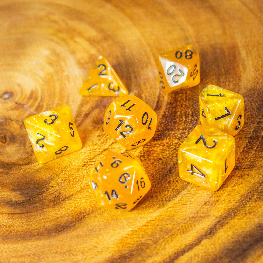 Honey Shimmer Dice With Black Numbers DnD Dice, roll with sophistication with these blue polyhedral dice Organge Amber - MysteryDiceGoblins