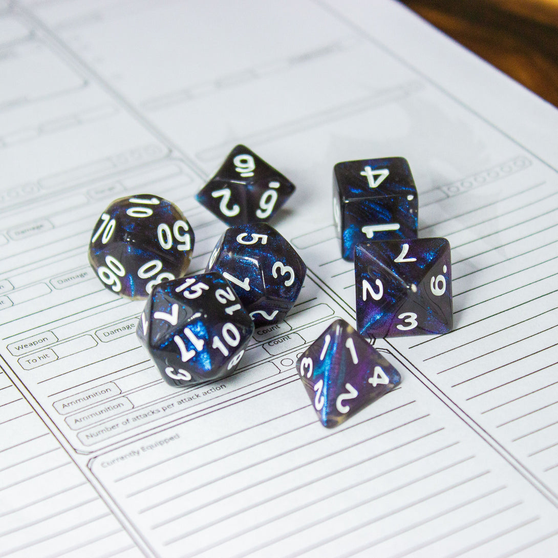 Blue Navy Shimmer Dice With White Nunbers DnD Dice, roll with sophistication with these blue polyhedral dice - MysteryDiceGoblins