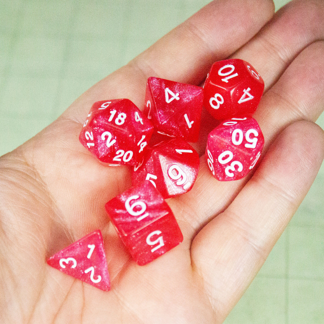 Pink Orchid Shimmer Dice With White Numbers DnD Dice, roll with sophistication with these blue polyhedral dice - MysteryDiceGoblins