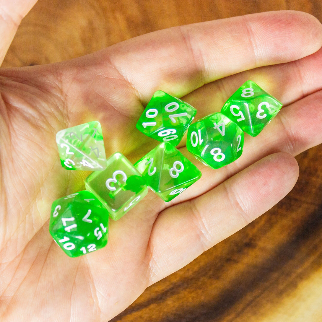 Green and White Swish Two Tone Dice With White Numbers DnD Dice, roll with sophistication with these green polyhedral dice - MysteryDiceGoblins