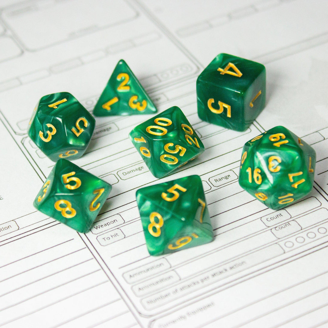 Pearl Peacock Green DnD Dice Set| Dungeons and Dragons Green Dice (7) | Polyhedral Dice - MysteryDiceGoblins