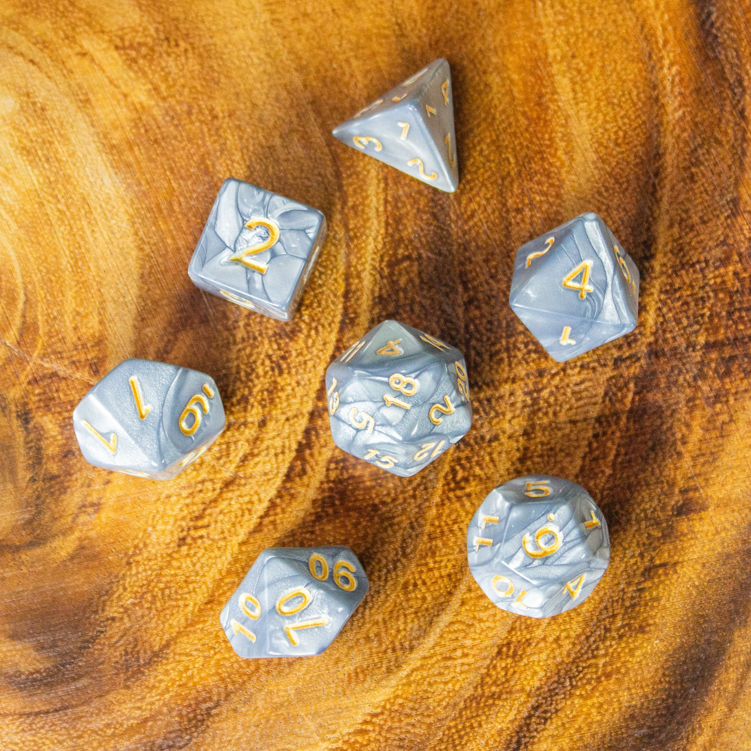 Pearl Silver DnD Dice Set| Dungeons and Dragons Silver Dice (7) | Polyhedral Dice Gold Numbers - MysteryDiceGoblins