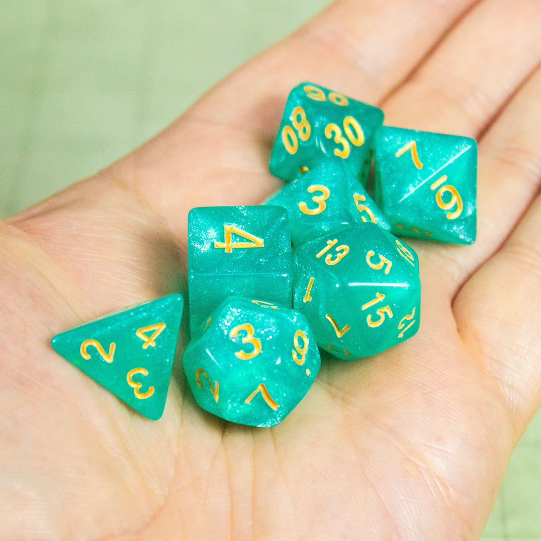 Turquoise Shimmer Dice Set | Brown Dice for DnD | Dungeons and Dragons Green and Gold Dice (7) | Polyhedral White Dice | White Numbers - MysteryDiceGoblins