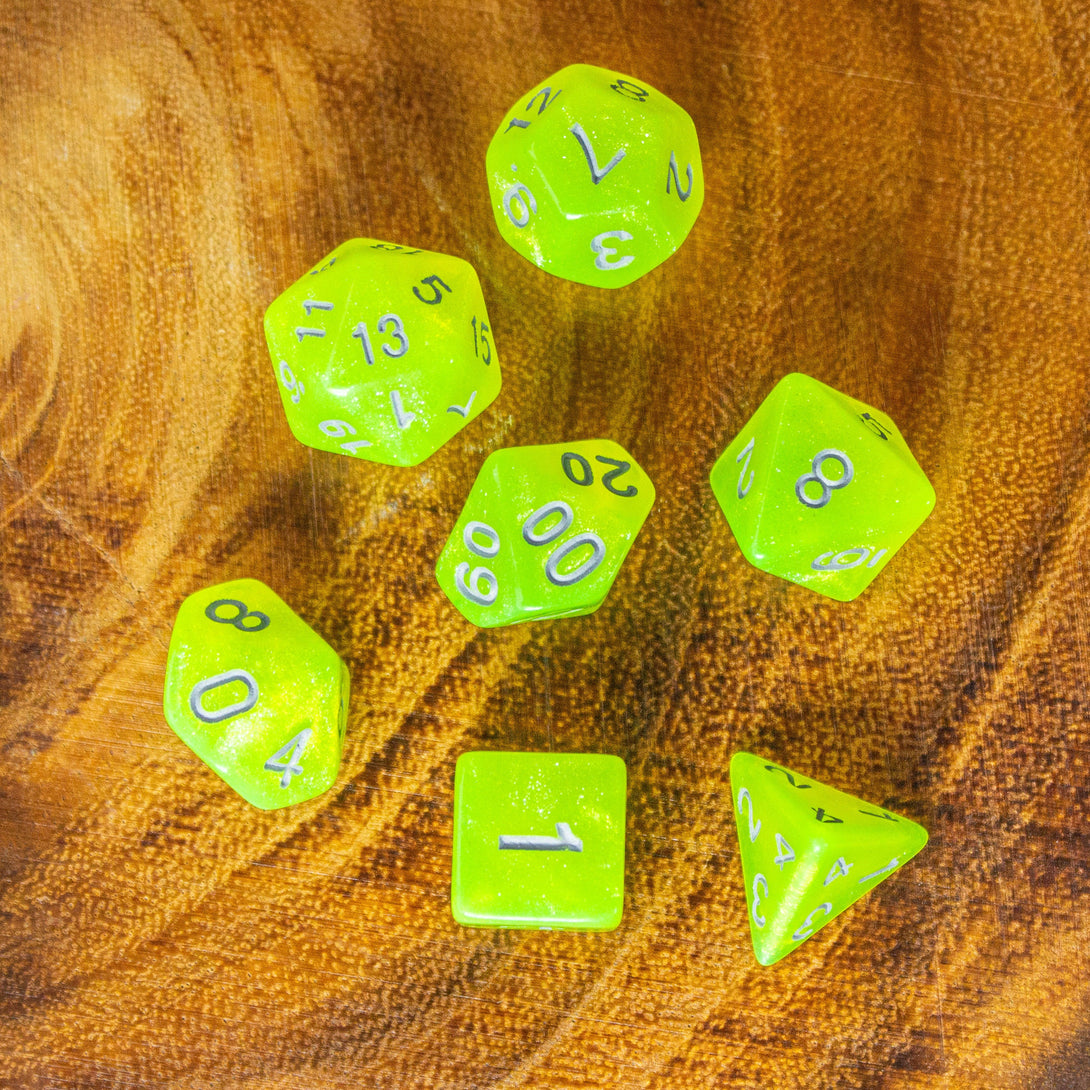 Neon Yellow Shimmer Dice Set | Green Dice for DnD | Dungeons and Dragons Polyhedral Dice | Silver Numbers - MysteryDiceGoblins
