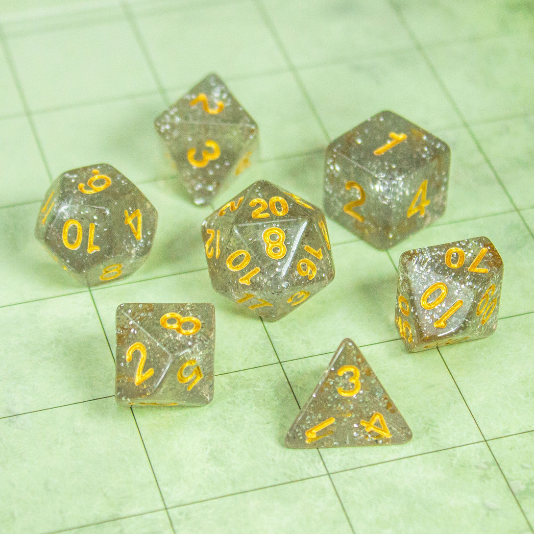 Silver Glitter Shimmer Dice Set | Dice for DnD | Dungeons and Dragons | Polyhedral White Dice | Gold Numbers - MysteryDiceGoblins