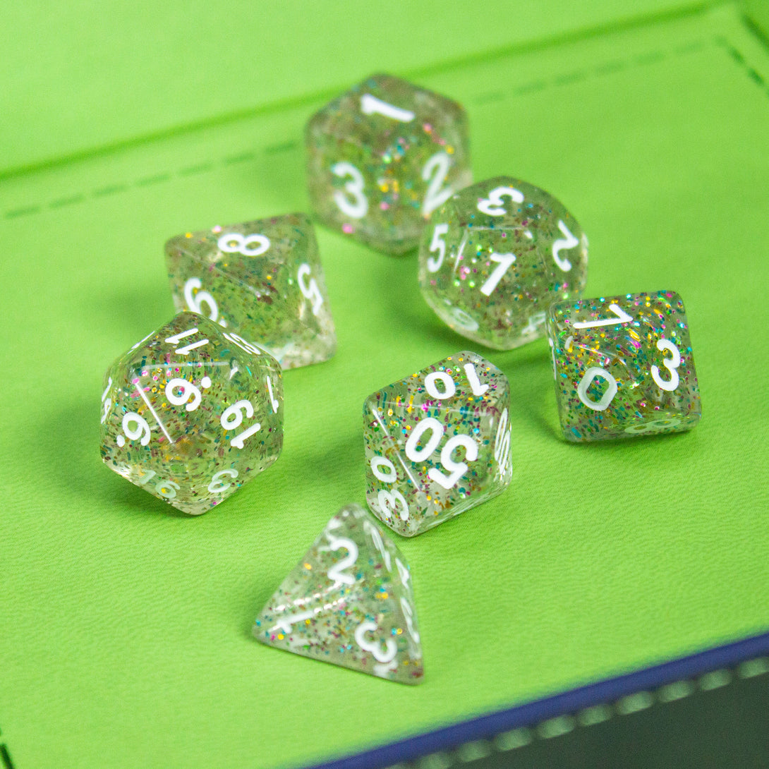 Silver Glitter Shimmer Dice Set | Dice for DnD | Dungeons and Dragons | Polyhedral White Dice | White Numbers - MysteryDiceGoblins