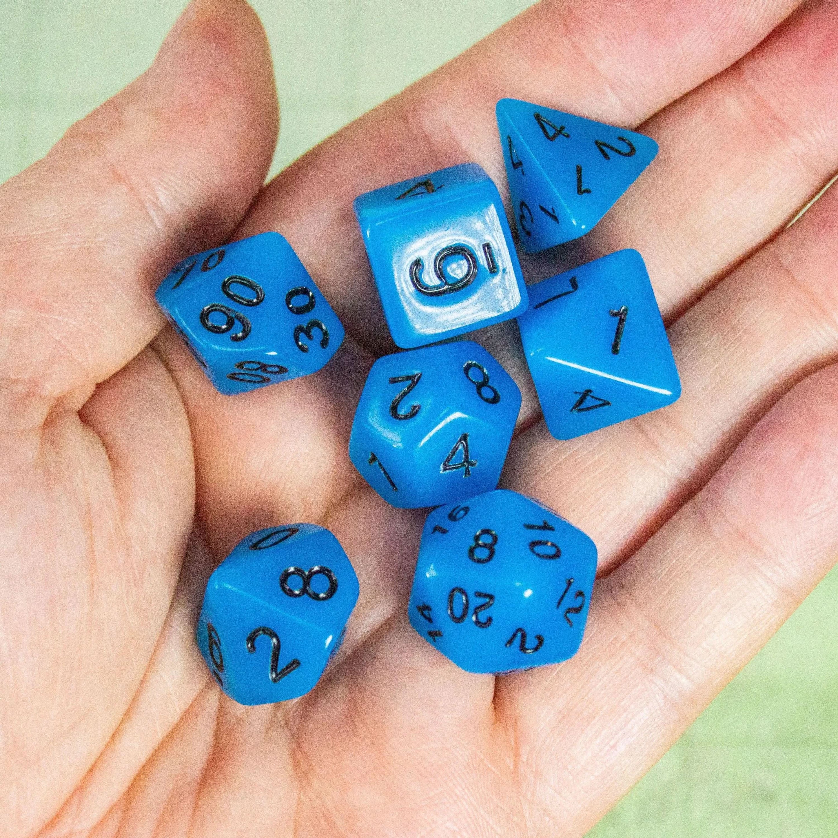 Blue Glow In The Dark Dice! Full Set of RPG TTRPG  Dice    Black Numbering - MysteryDiceGoblins