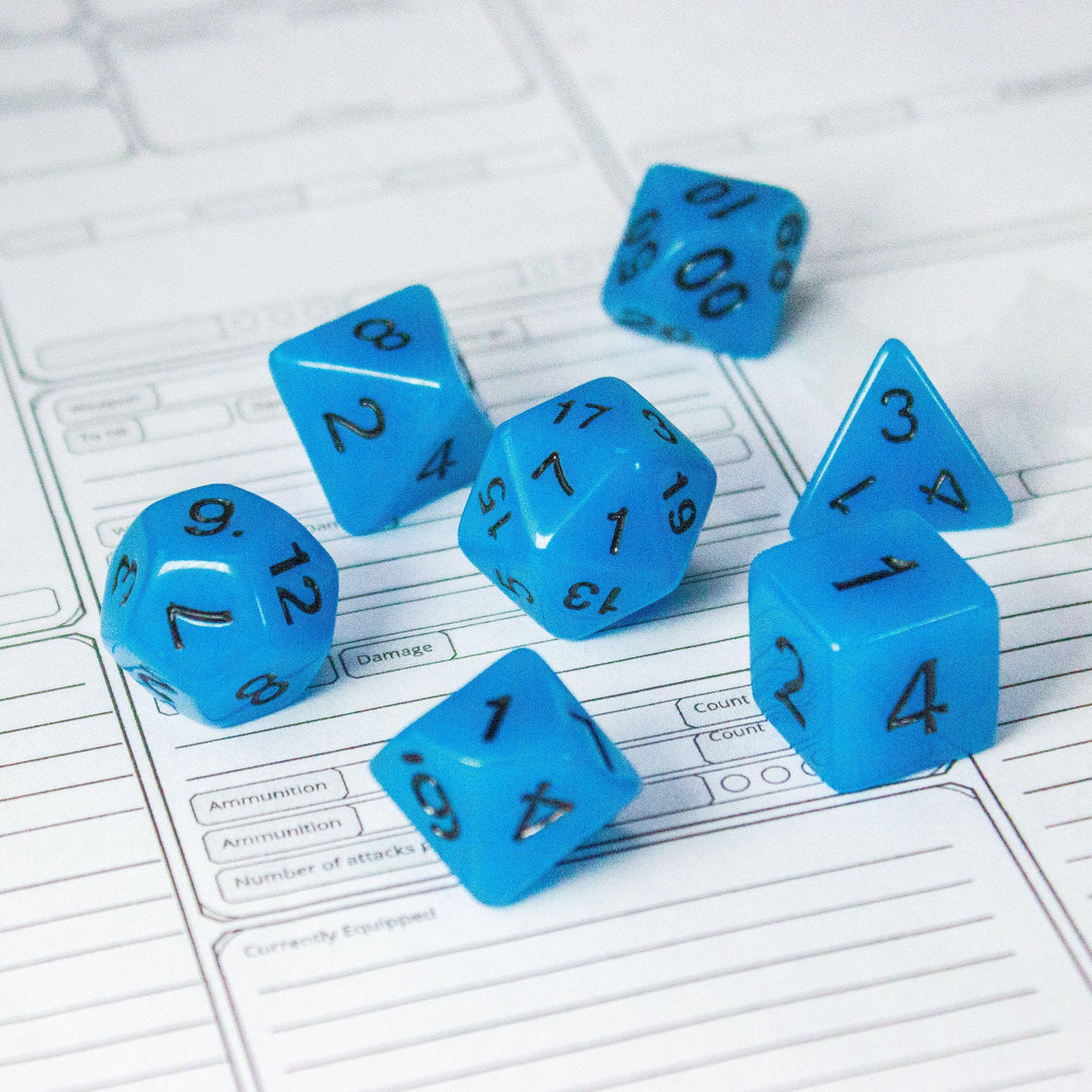 Blue Glow In The Dark Dice! Full Set of RPG dnd Dice Dungeons and Dragons Black Numbering - MysteryDiceGoblins