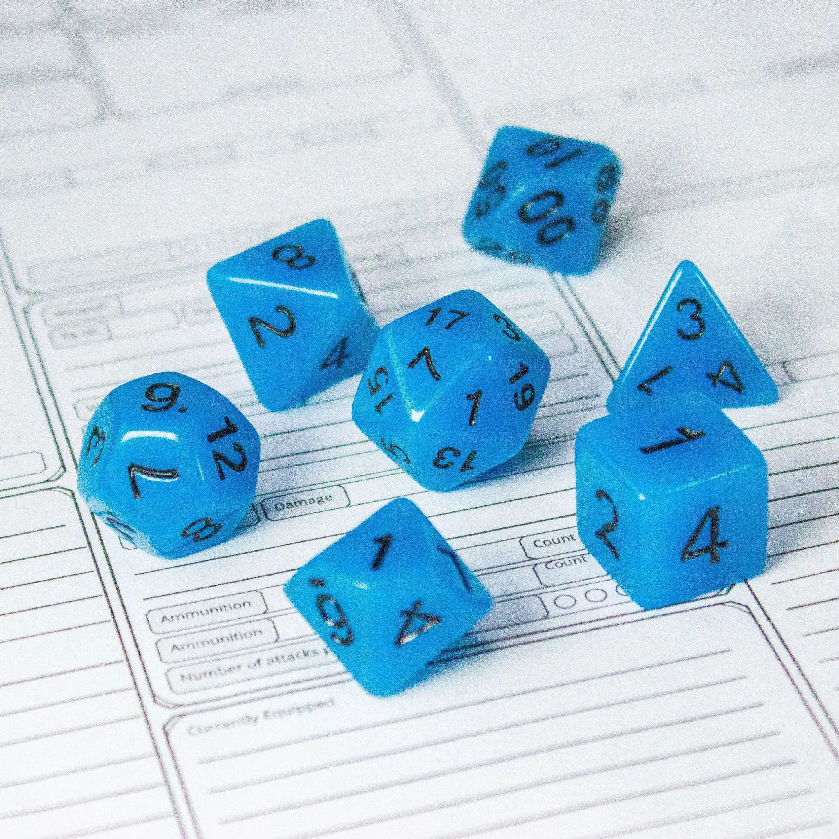 Blue Glow In The Dark Dice! Full Set of RPG TTRPG  Dice    Black Numbering - MysteryDiceGoblins