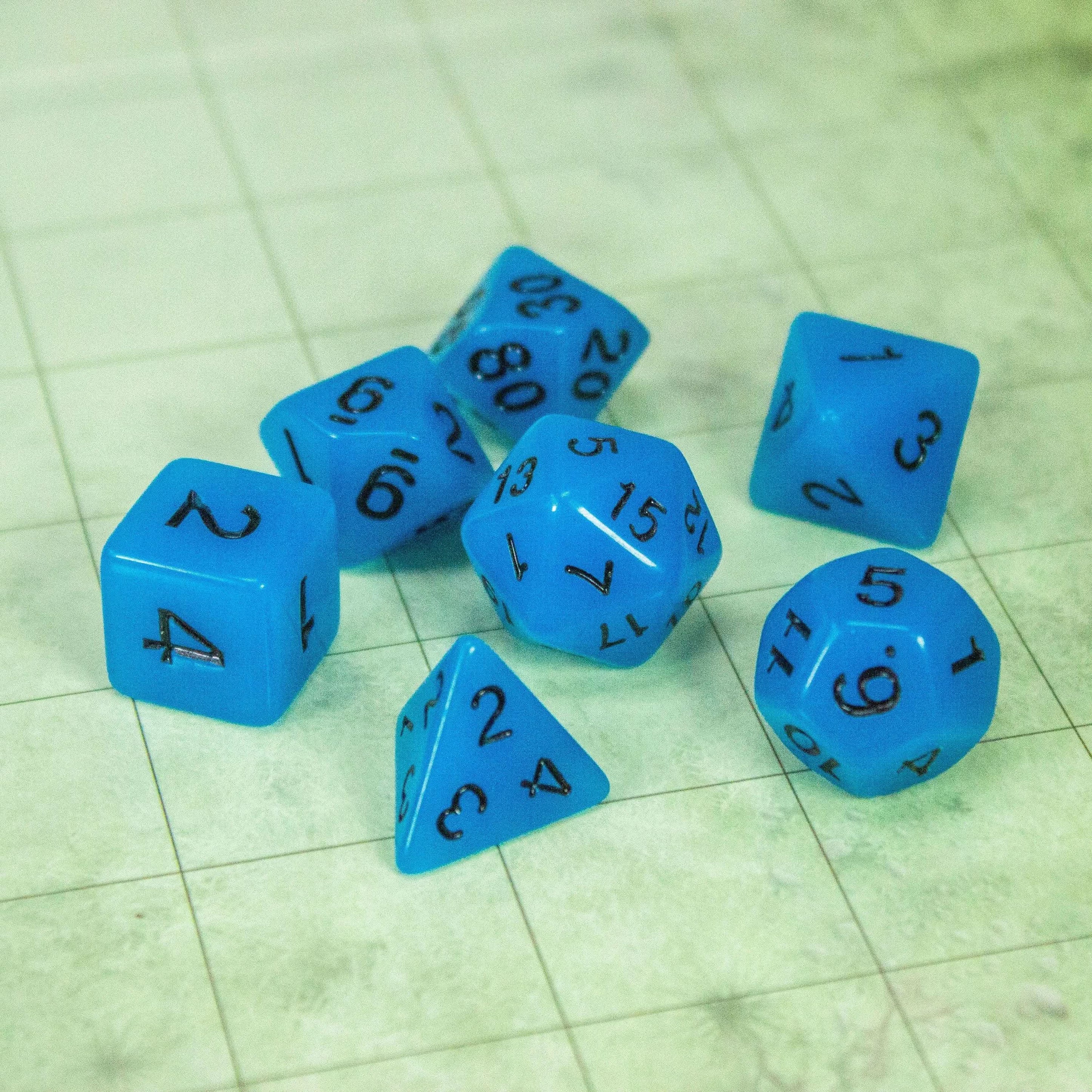 Blue Glow In The Dark Dice! Full Set of RPG TTRPG  Dice    Black Numbering - MysteryDiceGoblins