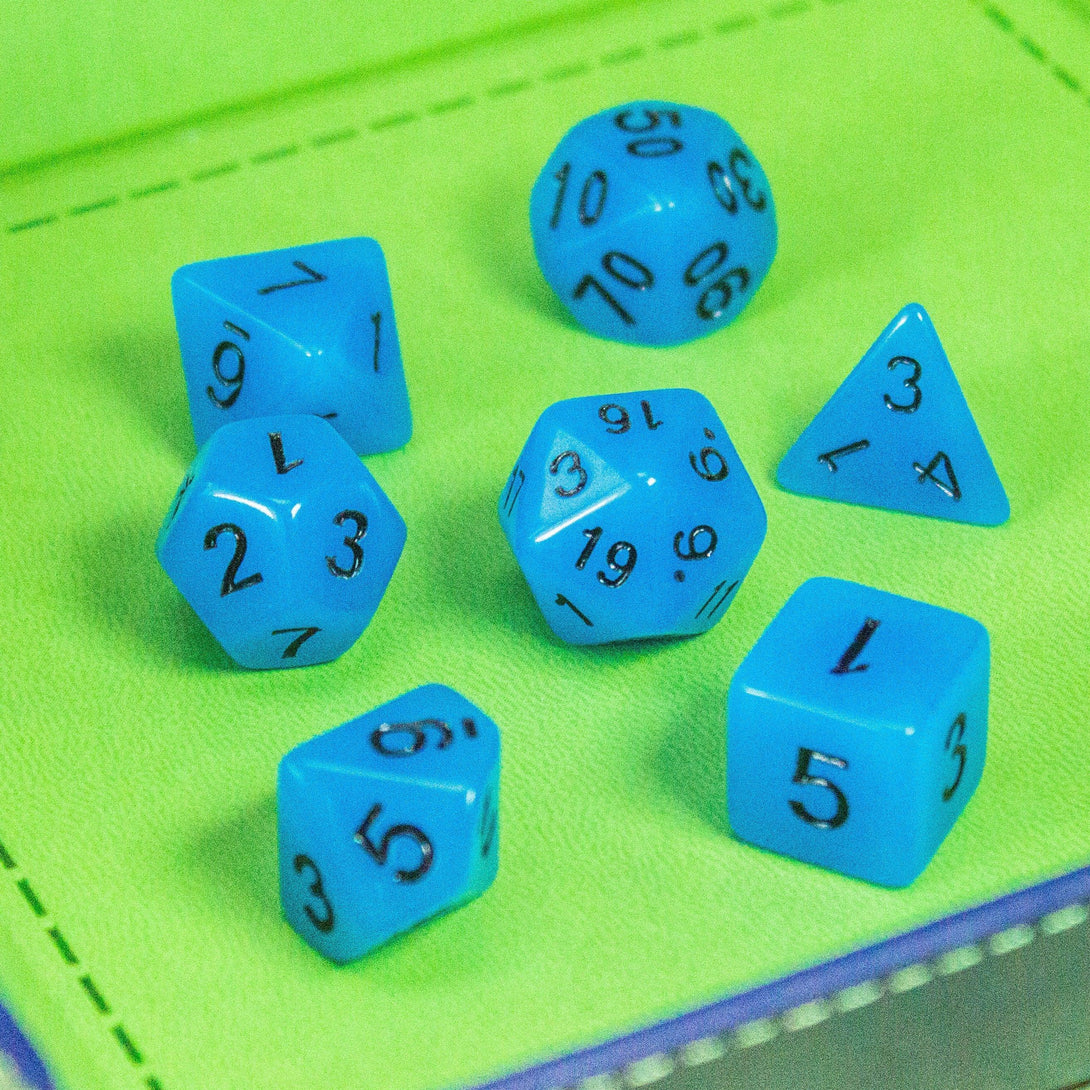 Blue Glow In The Dark Dice! Full Set of RPG dnd Dice Dungeons and Dragons Black Numbering - MysteryDiceGoblins