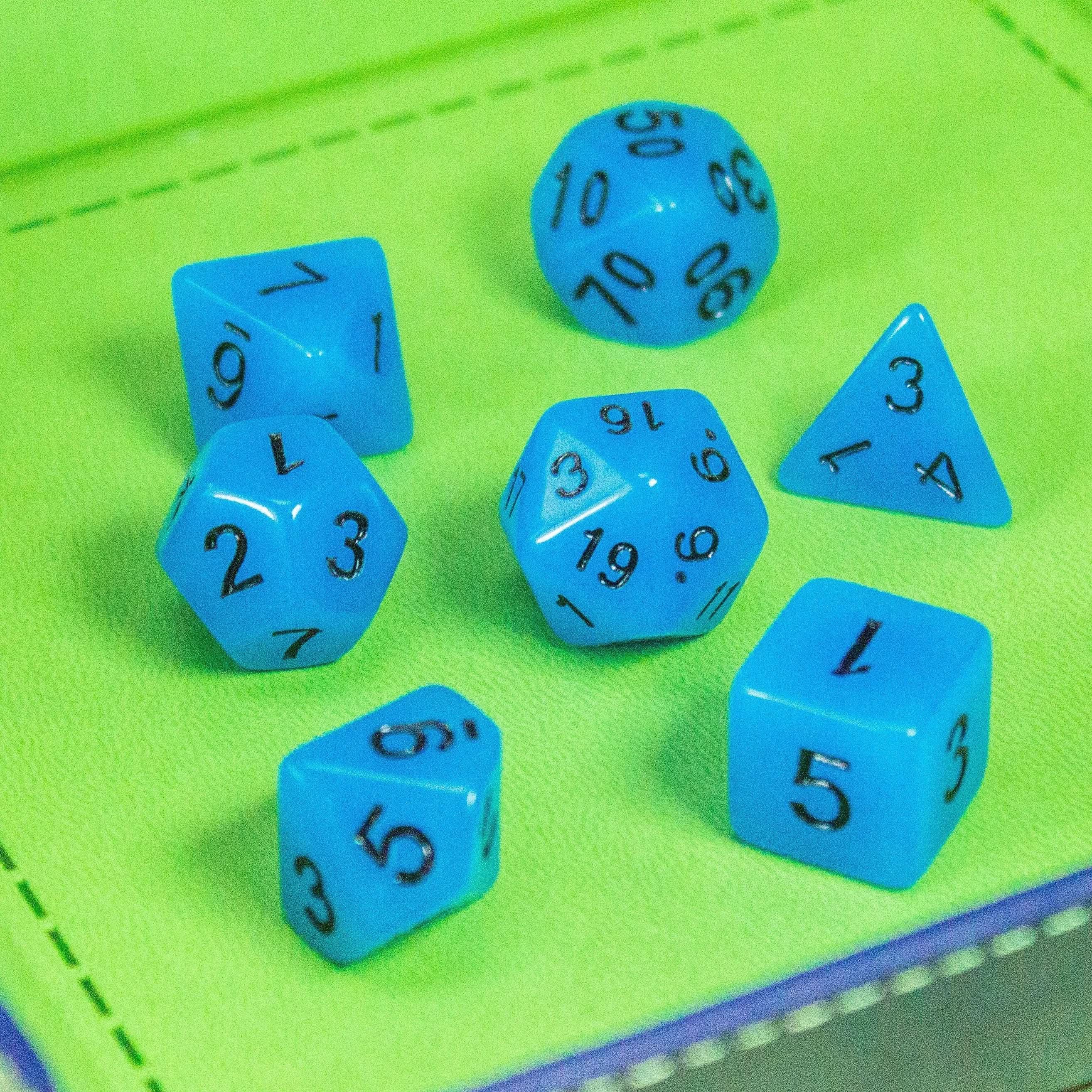Blue Glow In The Dark Dice! Full Set of RPG TTRPG  Dice    Black Numbering - MysteryDiceGoblins