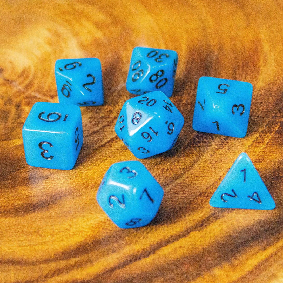 Blue Glow In The Dark Dice! Full Set of RPG dnd Dice Dungeons and Dragons Black Numbering - MysteryDiceGoblins