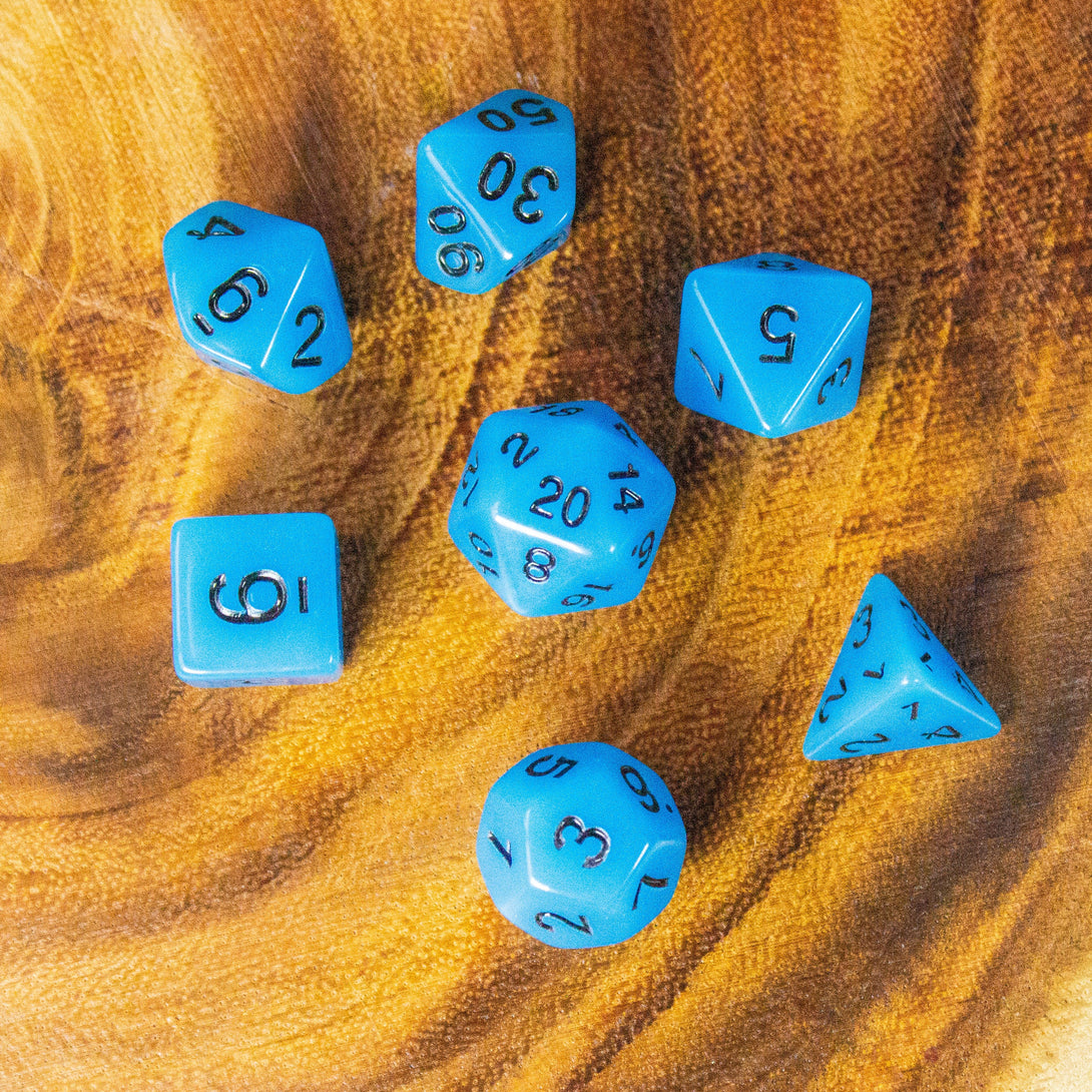 Blue Glow In The Dark Dice! Full Set of RPG dnd Dice Dungeons and Dragons Black Numbering - MysteryDiceGoblins