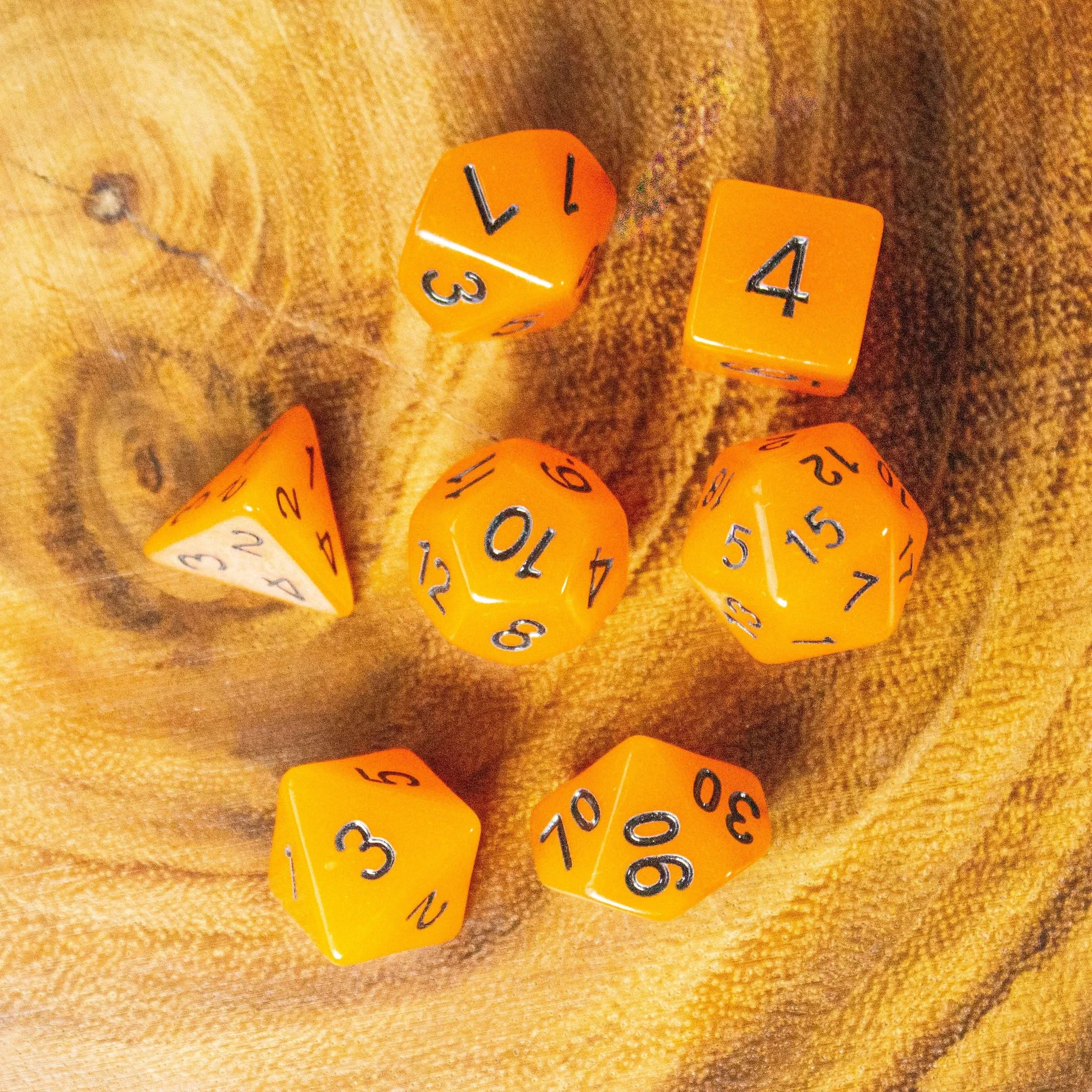 Orange Glow In The Dark Dice! Full Set of RPG TTRPG  Dice    - MysteryDiceGoblins