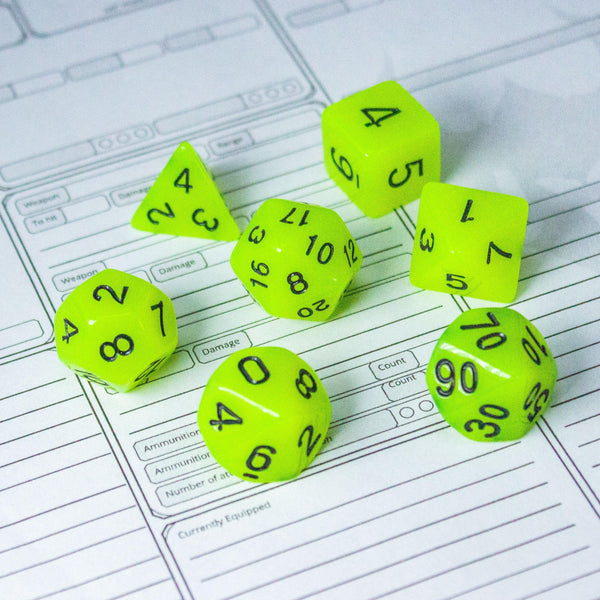 Yellow Glow In The Dark Dice! Full Set of RPG dnd Dice Dungeons and Dragons - MysteryDiceGoblins