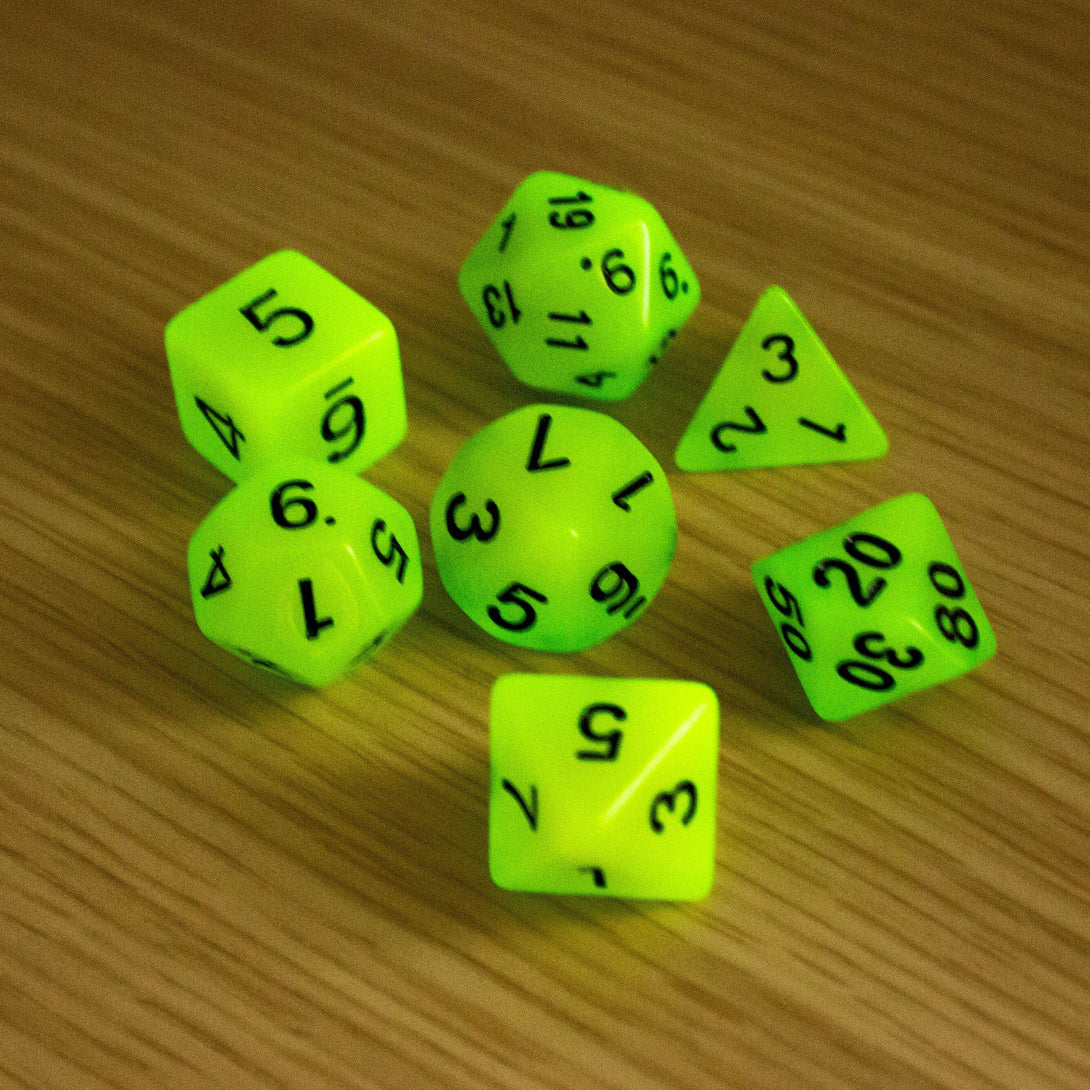 Yellow Glow In The Dark Dice! Full Set of RPG dnd Dice Dungeons and Dragons - MysteryDiceGoblins