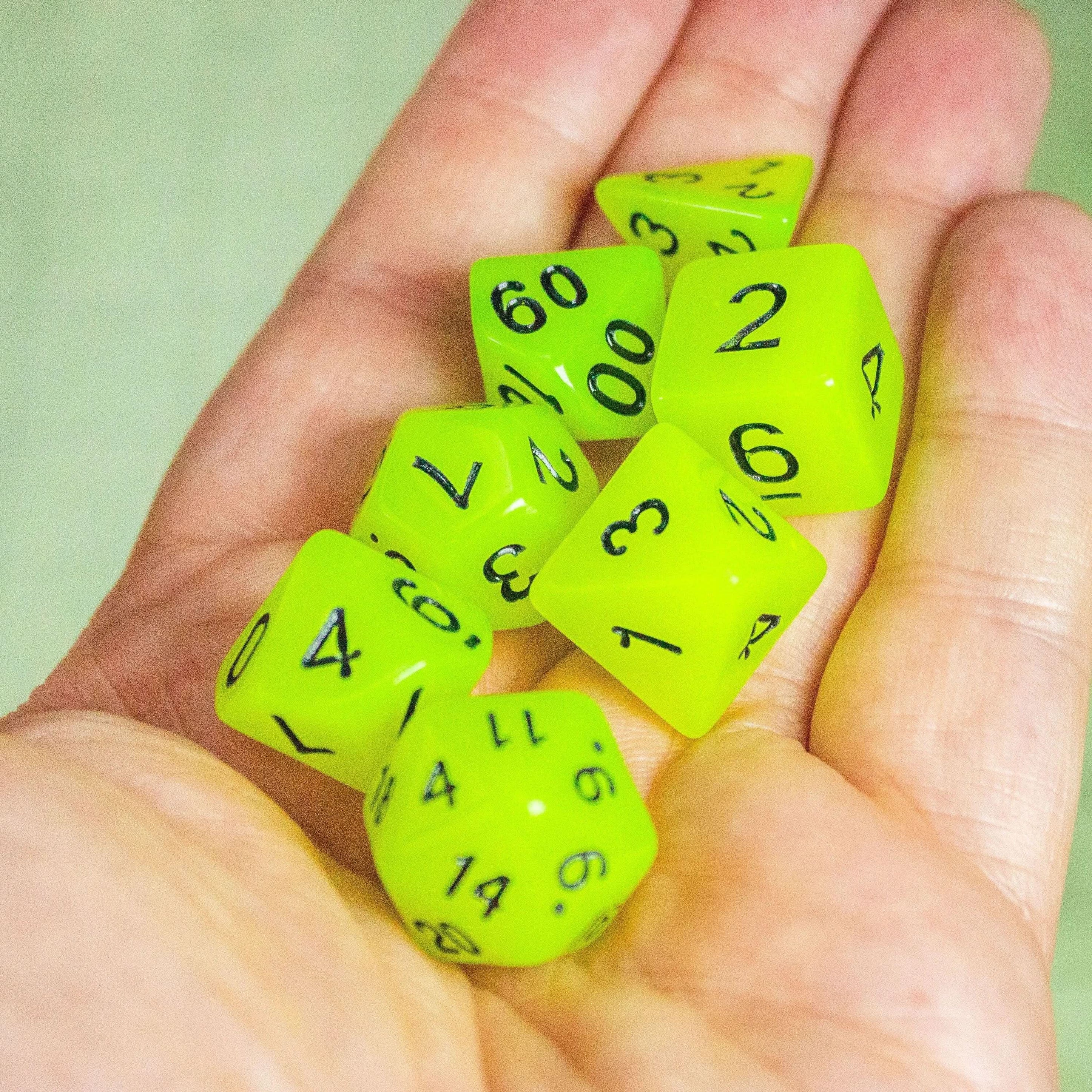 Yellow Glow In The Dark Dice! Full Set of RPG TTRPG  Dice    - MysteryDiceGoblins