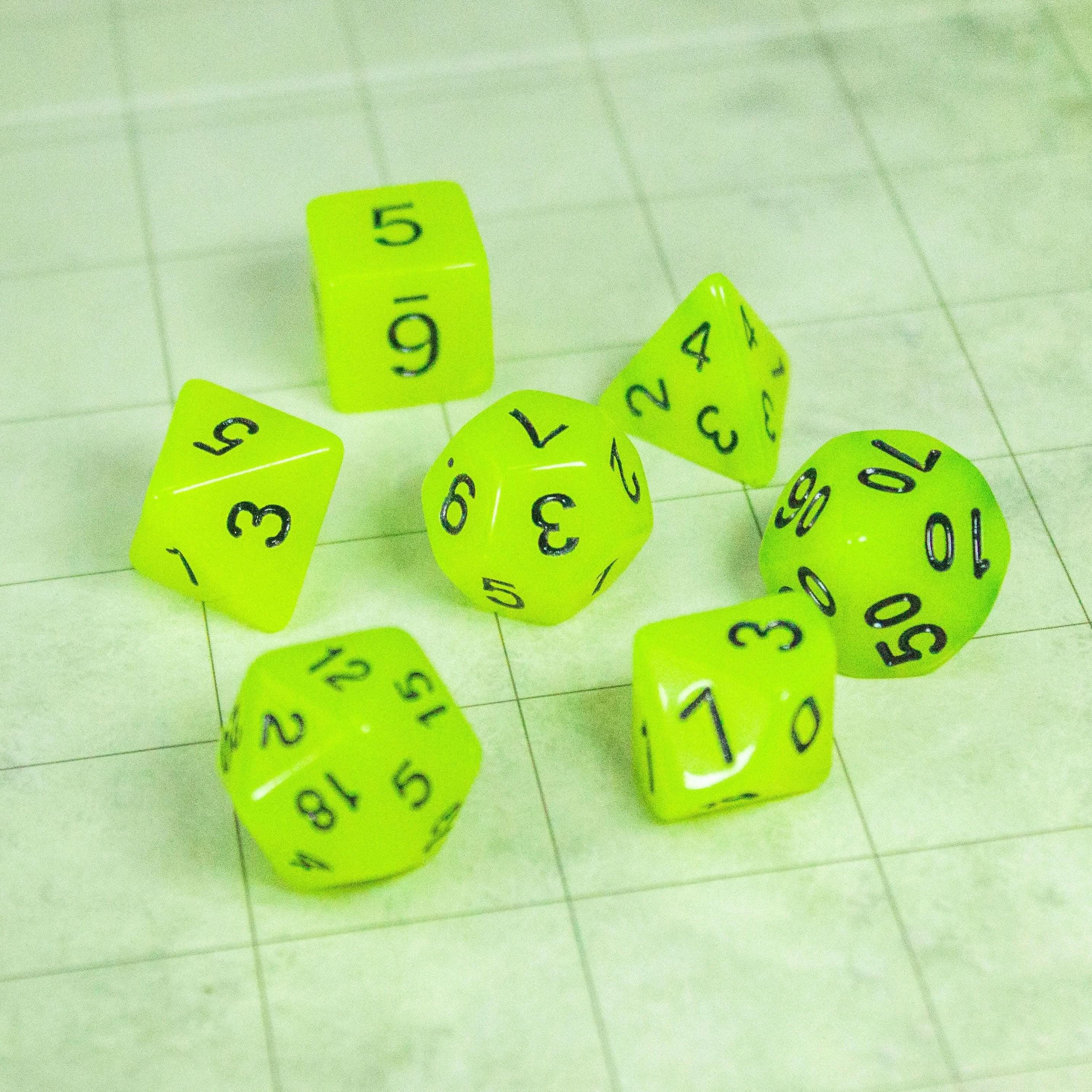 Yellow Glow In The Dark Dice! Full Set of RPG TTRPG  Dice    - MysteryDiceGoblins