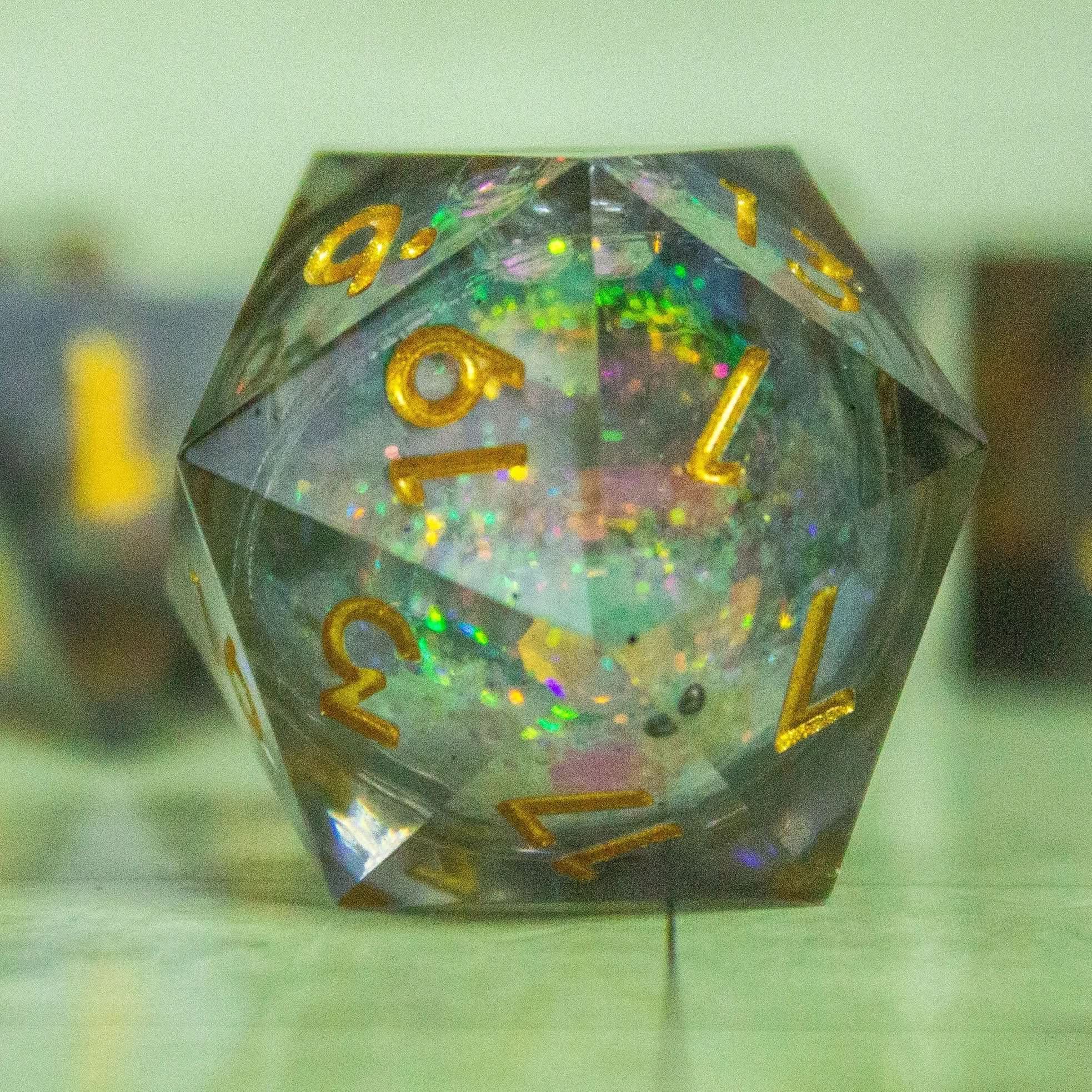 Black Multi-coloured Liquid Core Shimmer Glitter TTRPG  Dice Sharp Edge    Premium RPG Dice - MysteryDiceGoblins