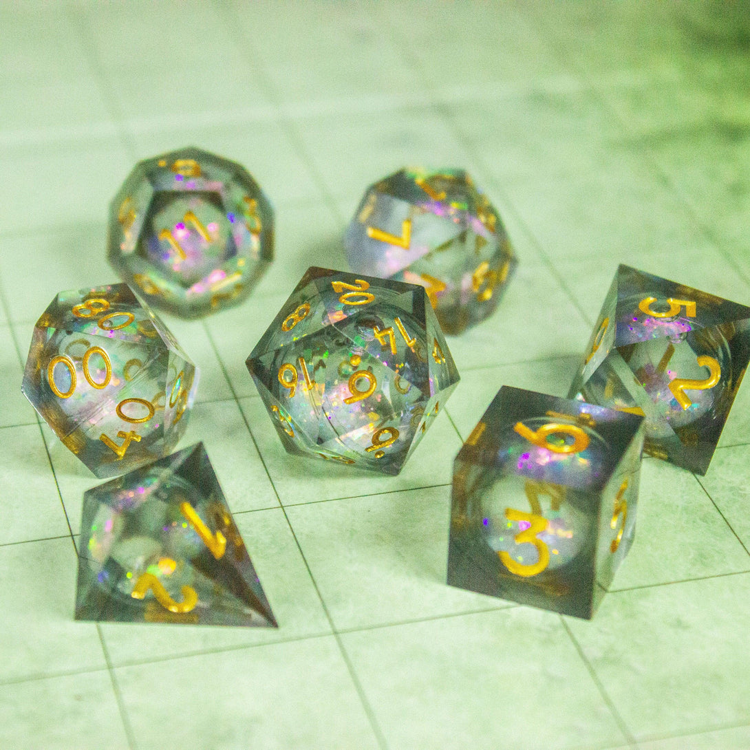 Black Multi-coloured Liquid Core Shimmer Glitter DnD Dice Sharp Edge Dungeons and Dragons Premium RPG Dice - MysteryDiceGoblins