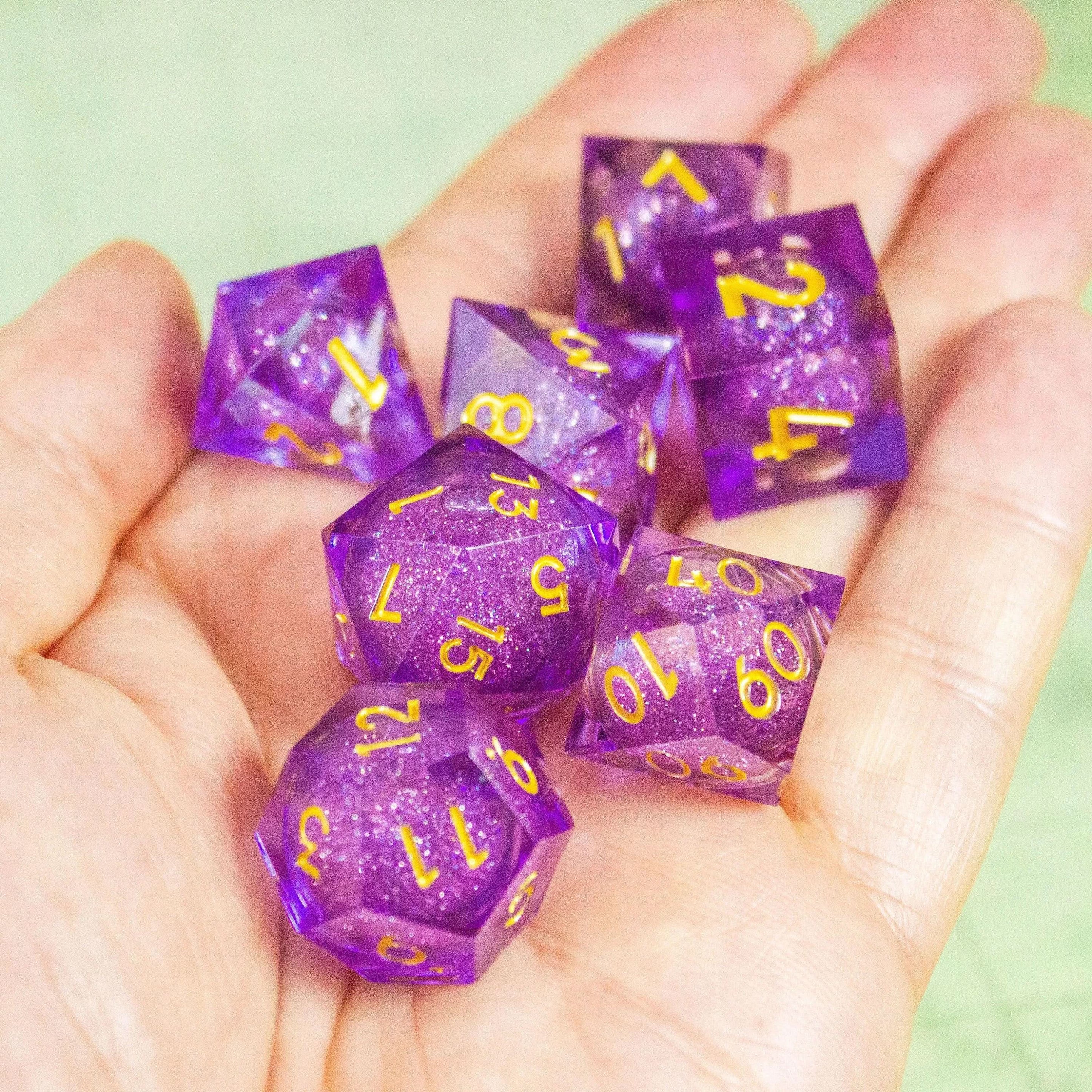 Purple Liquid Core Shimmer Glitter TTRPG  Dice Sharp Edge    Premium RPG Dice - MysteryDiceGoblins