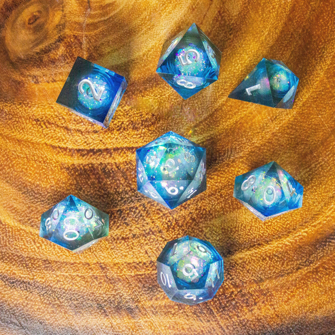 Blue Liquid Core Shimmer Glitter DnD Dice Sharp Edge Dungeons and Dragons Premium RPG Dice - MysteryDiceGoblins