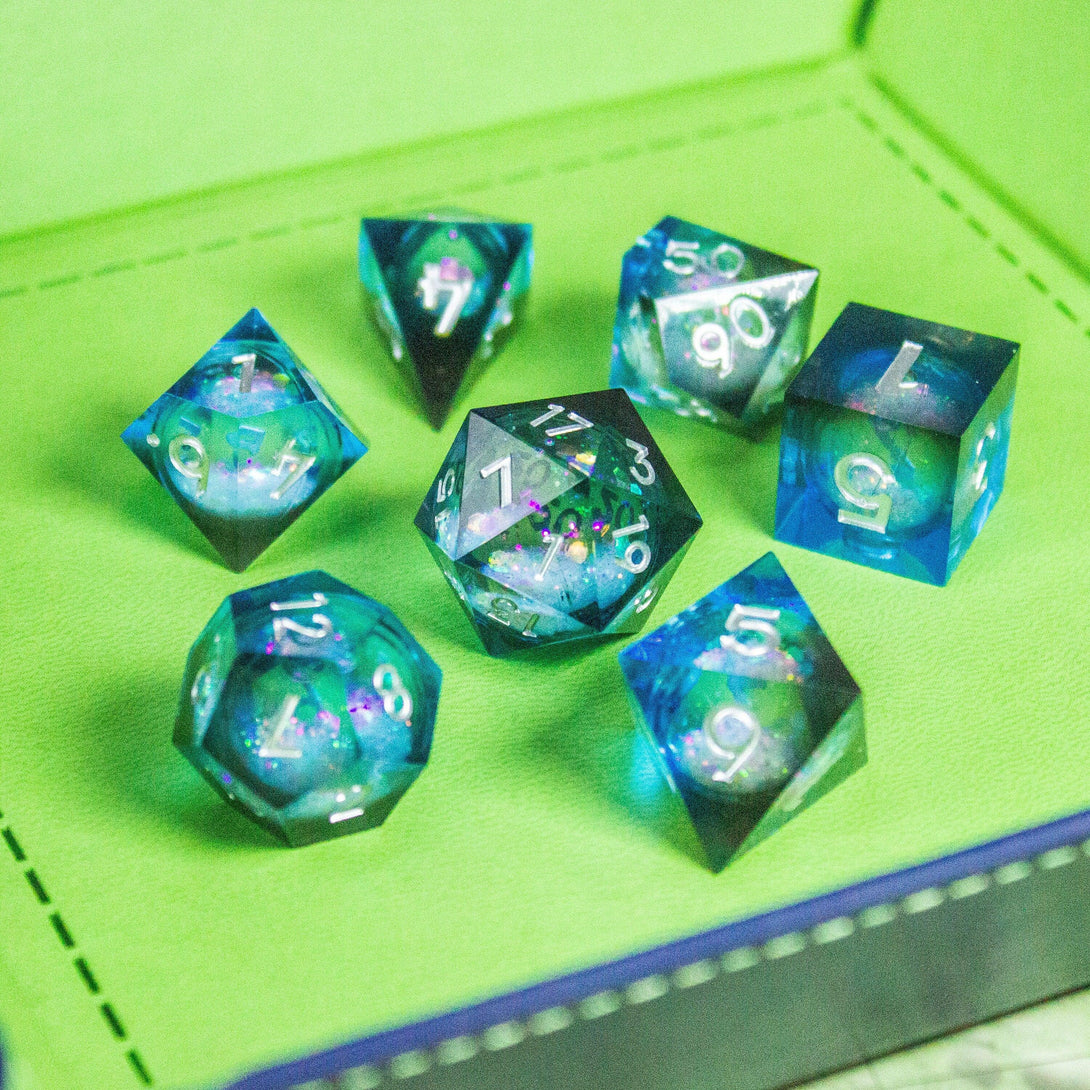 Blue Liquid Core Shimmer Glitter DnD Dice Sharp Edge Dungeons and Dragons Premium RPG Dice - MysteryDiceGoblins