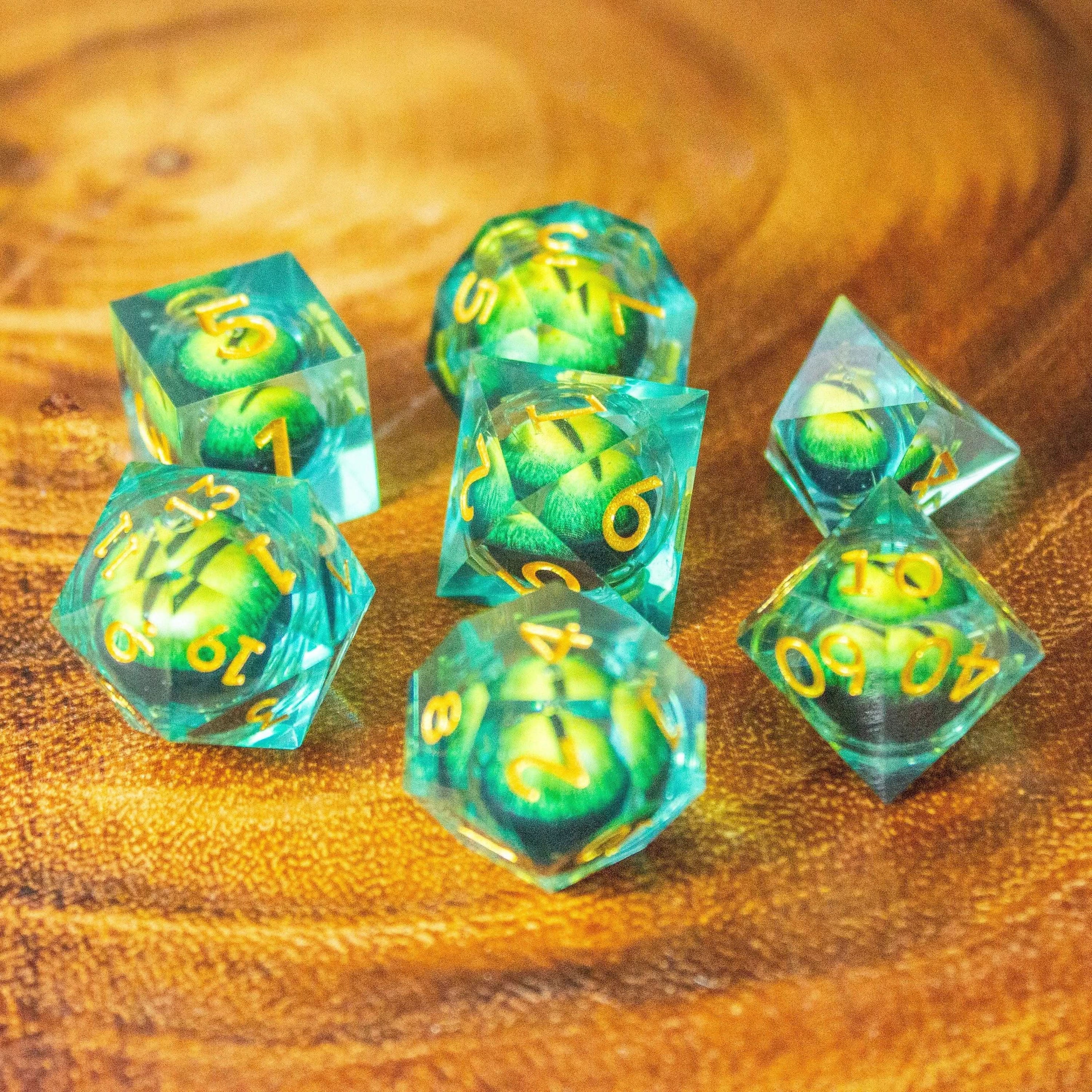 Liquid Core Moving Green Snake Eye TTRPG  Dice. Sharp Edged Dice    TTRPG  - MysteryDiceGoblins