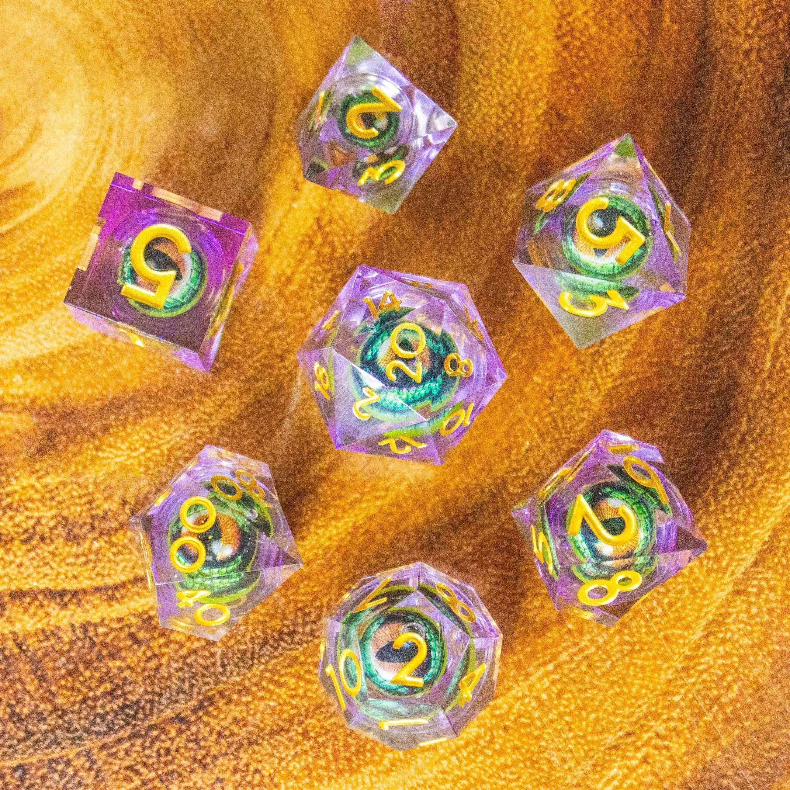 Liquid Core Moving Purple Dragon Eye TTRPG  Dice. Sharp Edged Dice    TTRPG  - MysteryDiceGoblins