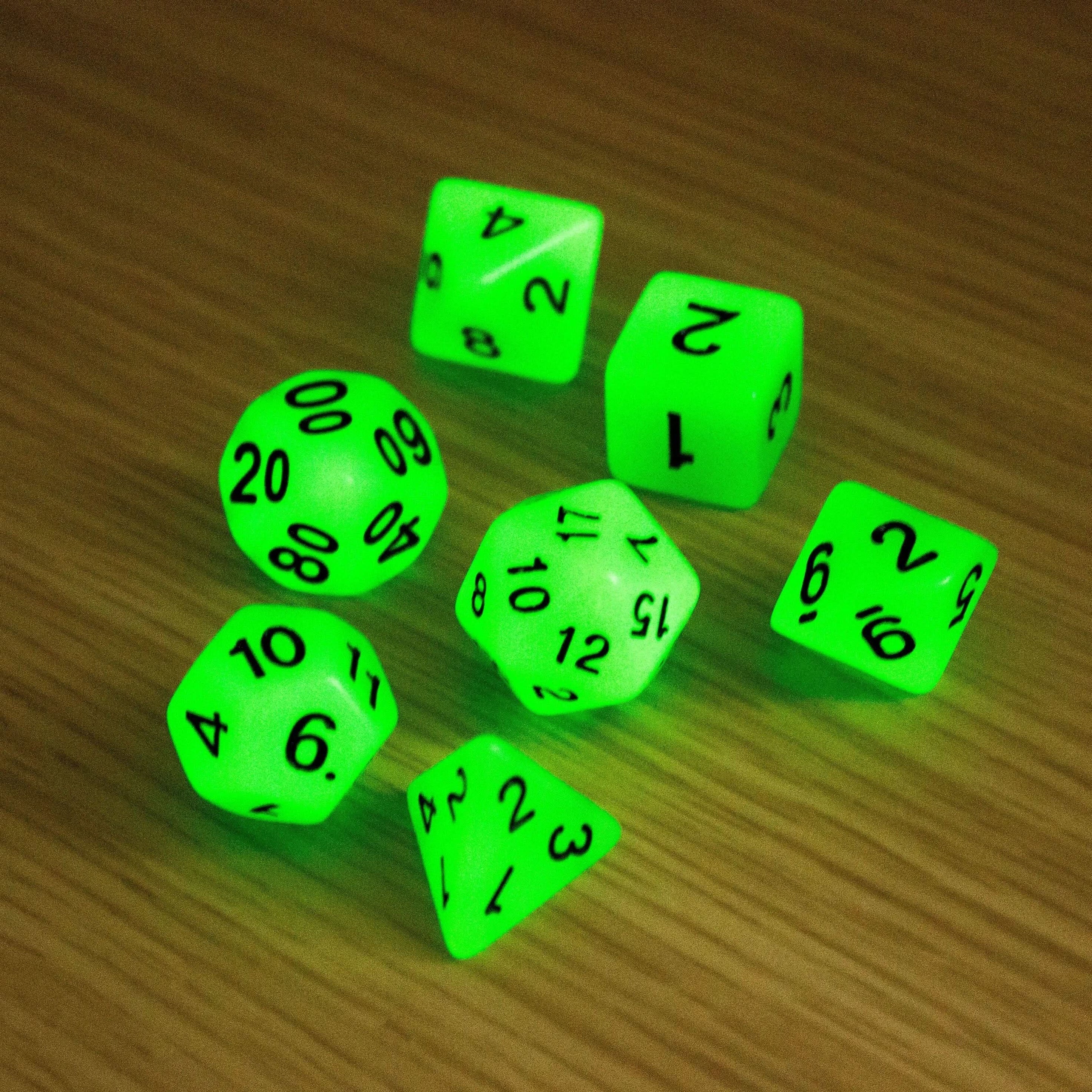 Mystery Glow In The Dark Dice! Full Set of RPG TTRPG  Dice    Yellow Green Bliue Purple Orange - MysteryDiceGoblins