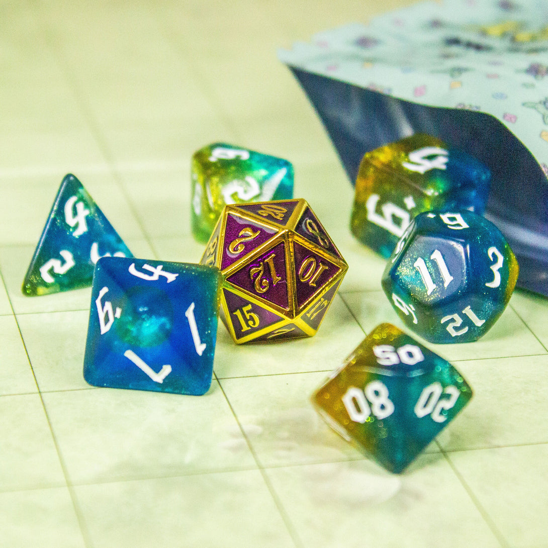 Mystery Resin Set with Metal D20 Dnd Dungeons and Dragons Full Set of DND Dice With Metal D20 - MysteryDiceGoblins