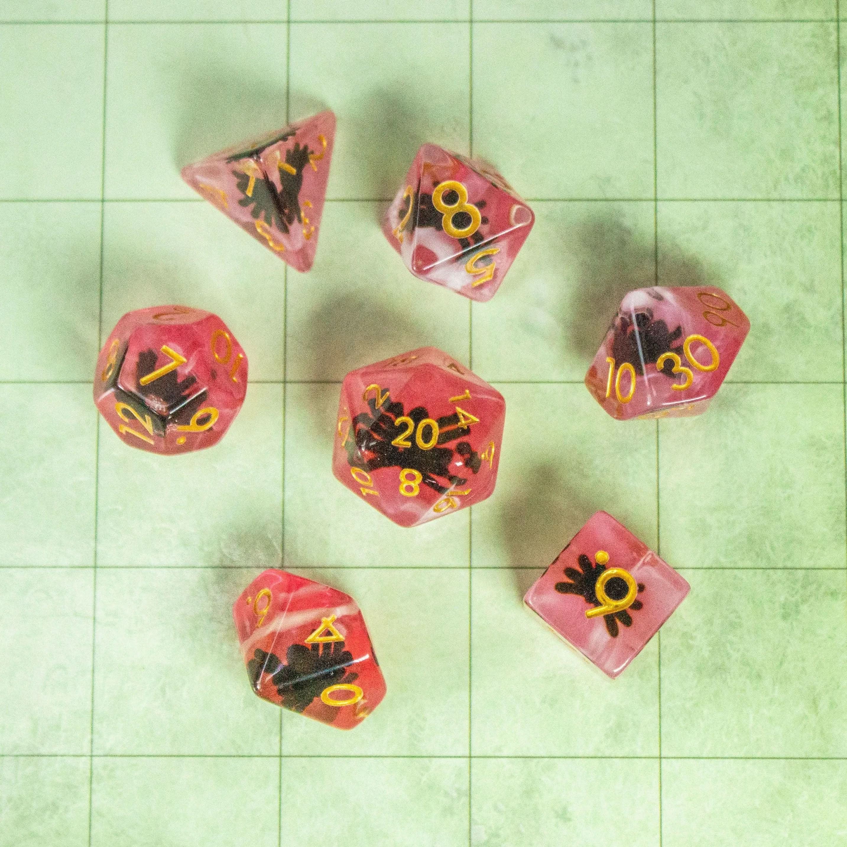 Spiders TTRPG  Dice Set|    Pink and Clear Transparent Dice (7) | Polyhedral Dice - MysteryDiceGoblins