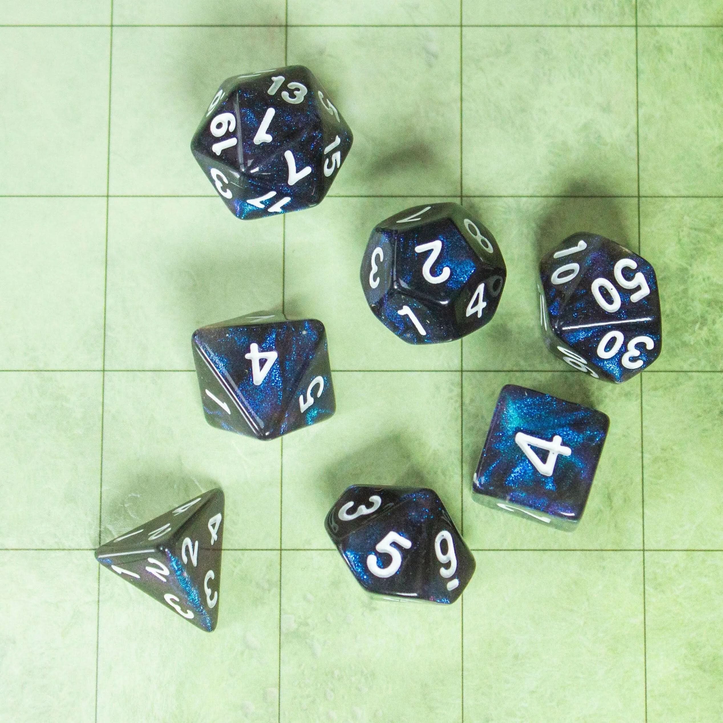 Blue Navy Shimmer Dice With White Nunbers TTRPG  Dice, roll with sophistication with these blue polyhedral dice - MysteryDiceGoblins