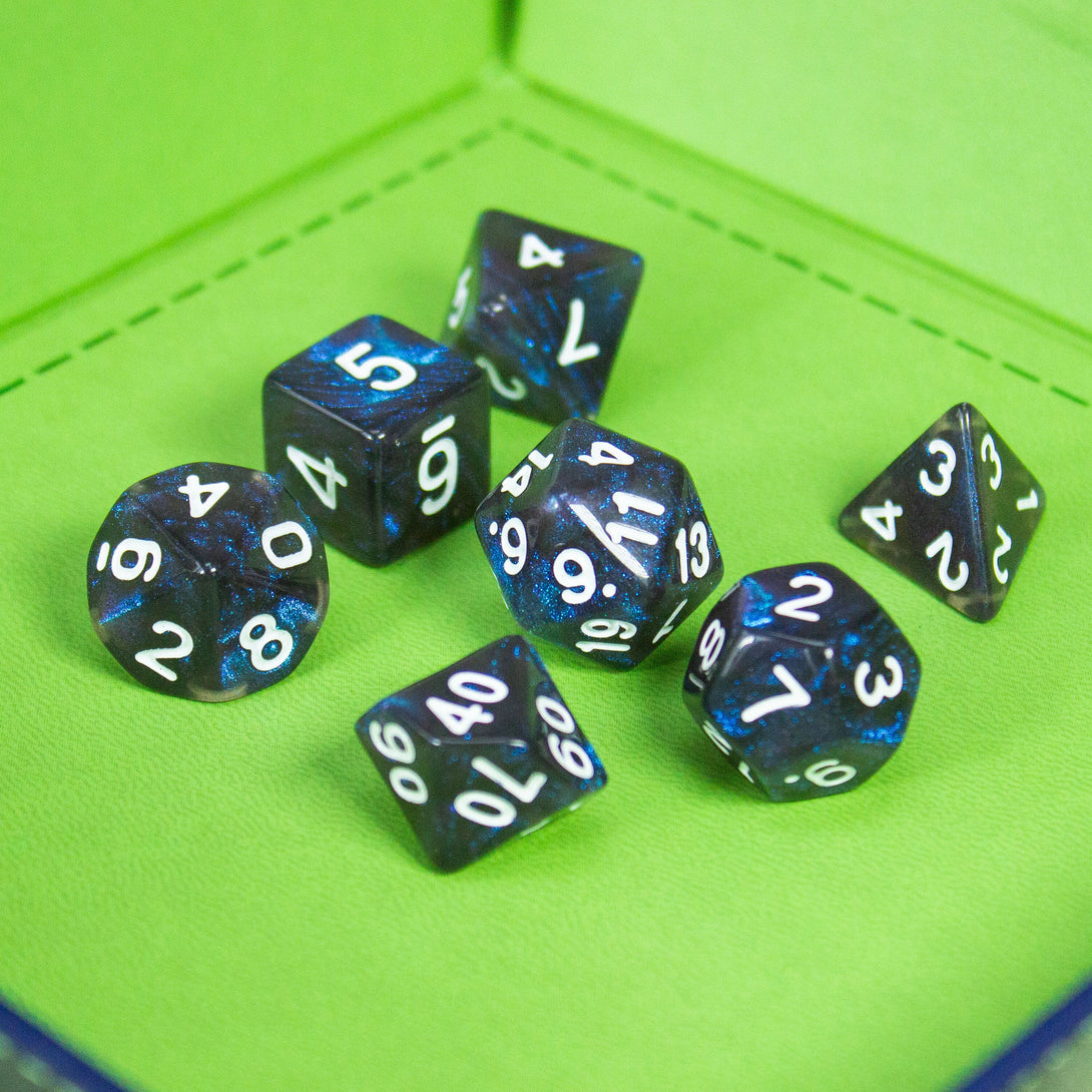Blue Navy Shimmer Dice With White Nunbers DnD Dice, roll with sophistication with these blue polyhedral dice - MysteryDiceGoblins