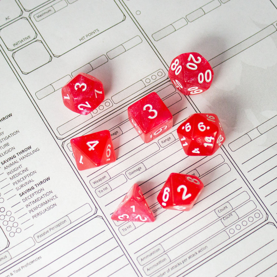 Pink Orchid Shimmer Dice With White Numbers DnD Dice, roll with sophistication with these blue polyhedral dice - MysteryDiceGoblins