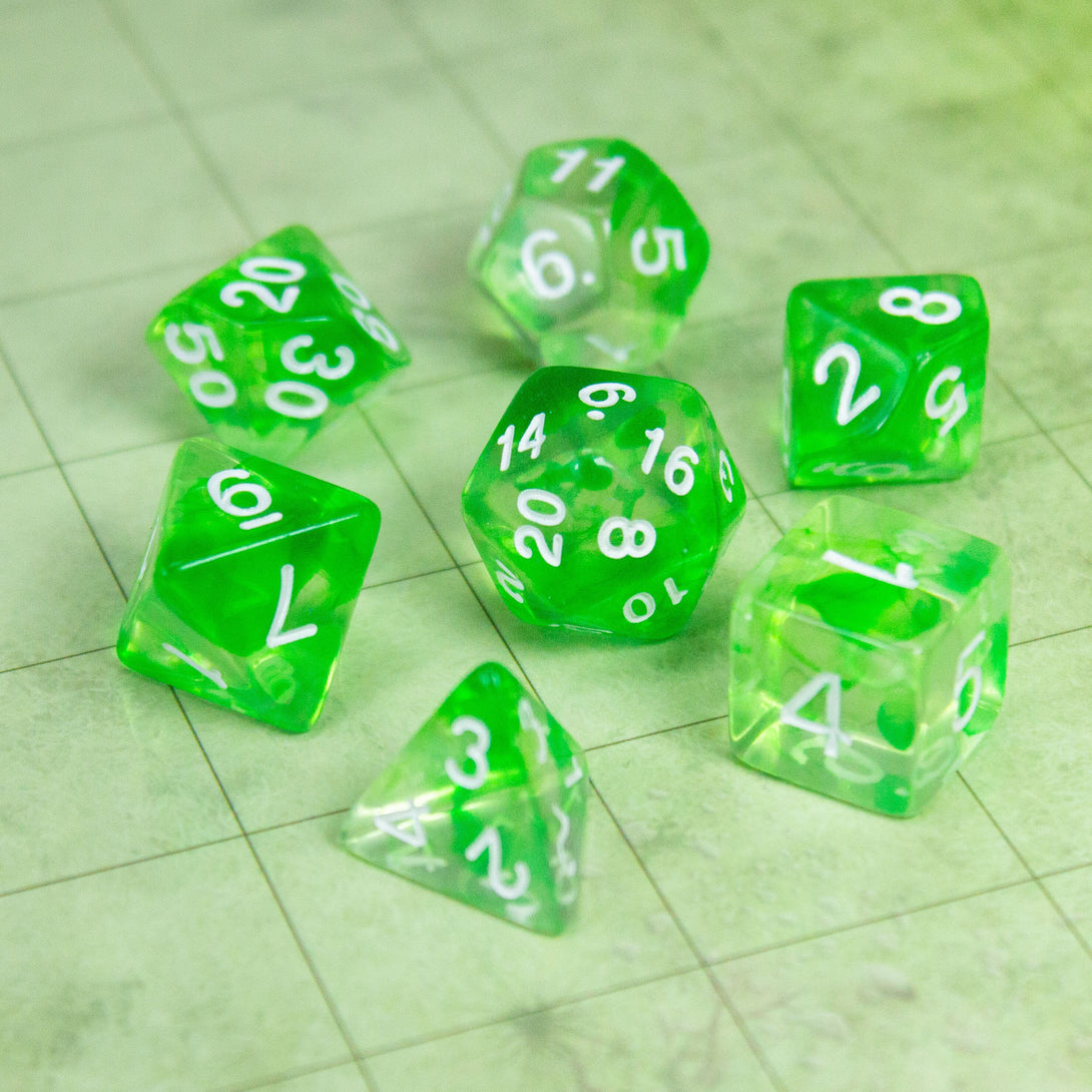 Green and White Swish Two Tone Dice With White Numbers DnD Dice, roll with sophistication with these green polyhedral dice - MysteryDiceGoblins