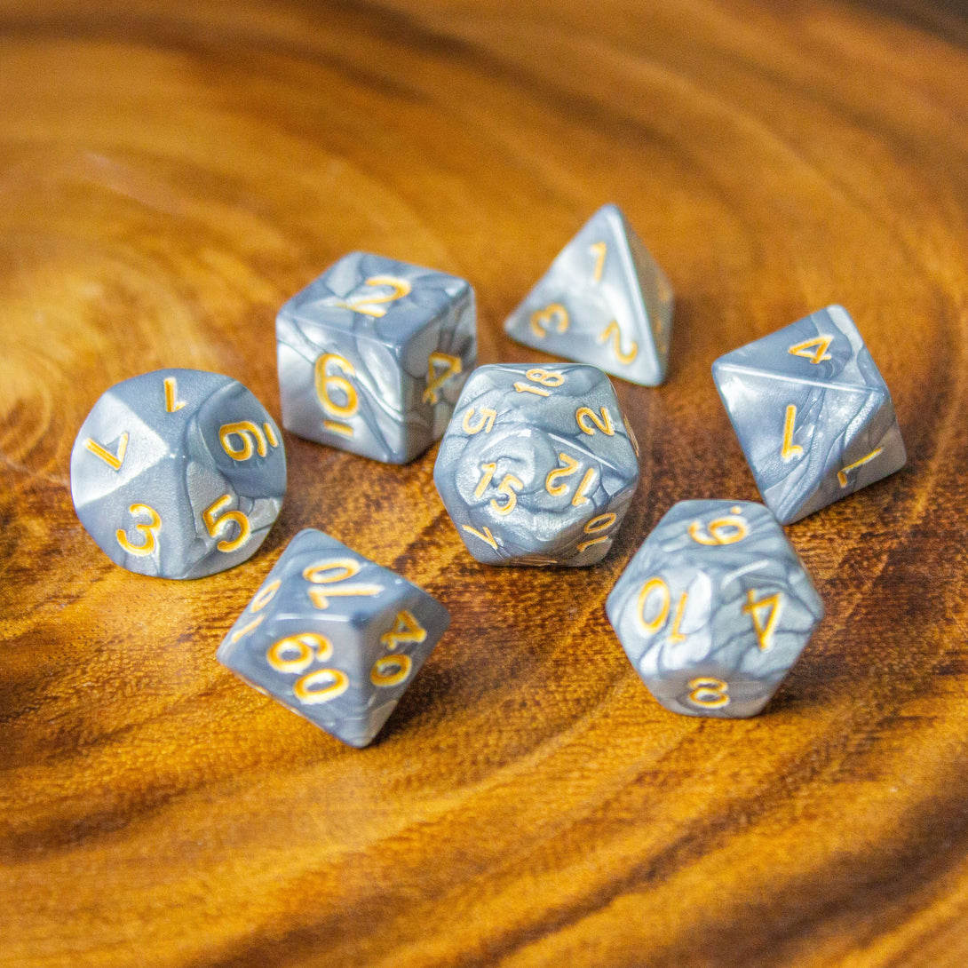 Pearl Silver DnD Dice Set| Dungeons and Dragons Silver Dice (7) | Polyhedral Dice Gold Numbers - MysteryDiceGoblins