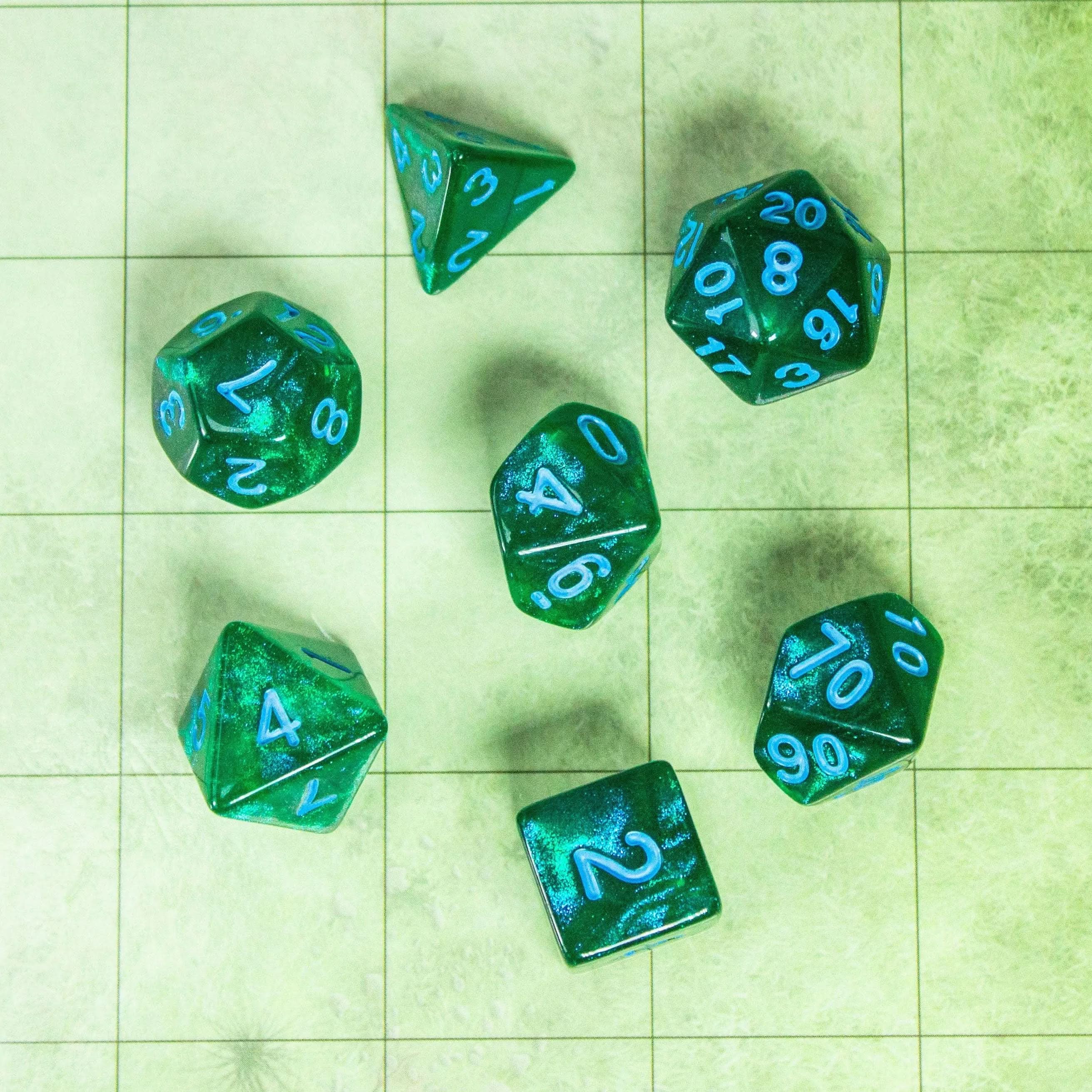 Moss Shimmer Dice Set | Green Dice for TTRPG  |    (7) | Polyhedral Green Numbers Blue - MysteryDiceGoblins