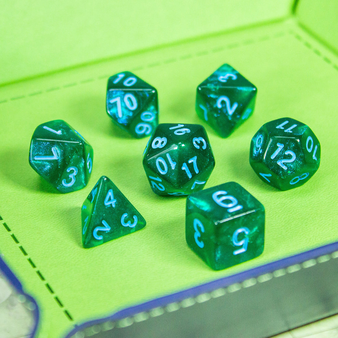 Moss Shimmer Dice Set | Green Dice for DnD | Dungeons and Dragons (7) | Polyhedral Green Numbers Blue - MysteryDiceGoblins