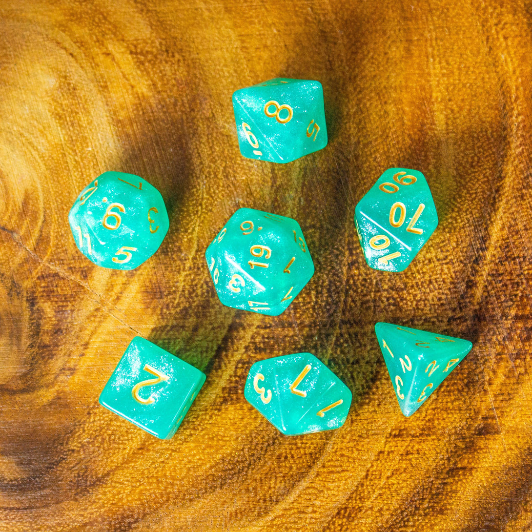 Turquoise Shimmer Dice Set | Brown Dice for DnD | Dungeons and Dragons Green and Gold Dice (7) | Polyhedral White Dice | White Numbers - MysteryDiceGoblins