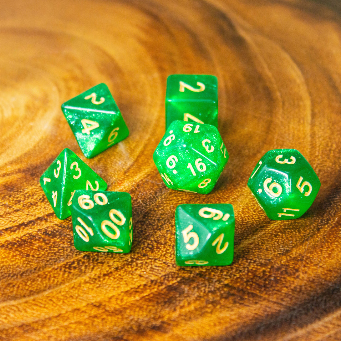 Shamrock Green Shimmer Dice Set | Dice for DnD | Dungeons and Dragons Gold Dice (7) | Polyhedral Dice | Gold Numbers - MysteryDiceGoblins