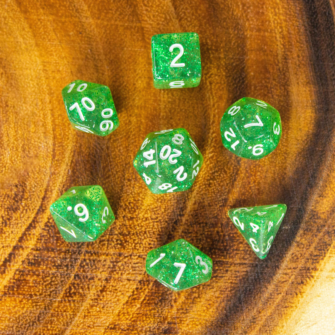Jade Green Shimmer Dice Set | Green Dice for DnD | Dungeons and Dragons Polyhedral White Dice | White Numbers - MysteryDiceGoblins