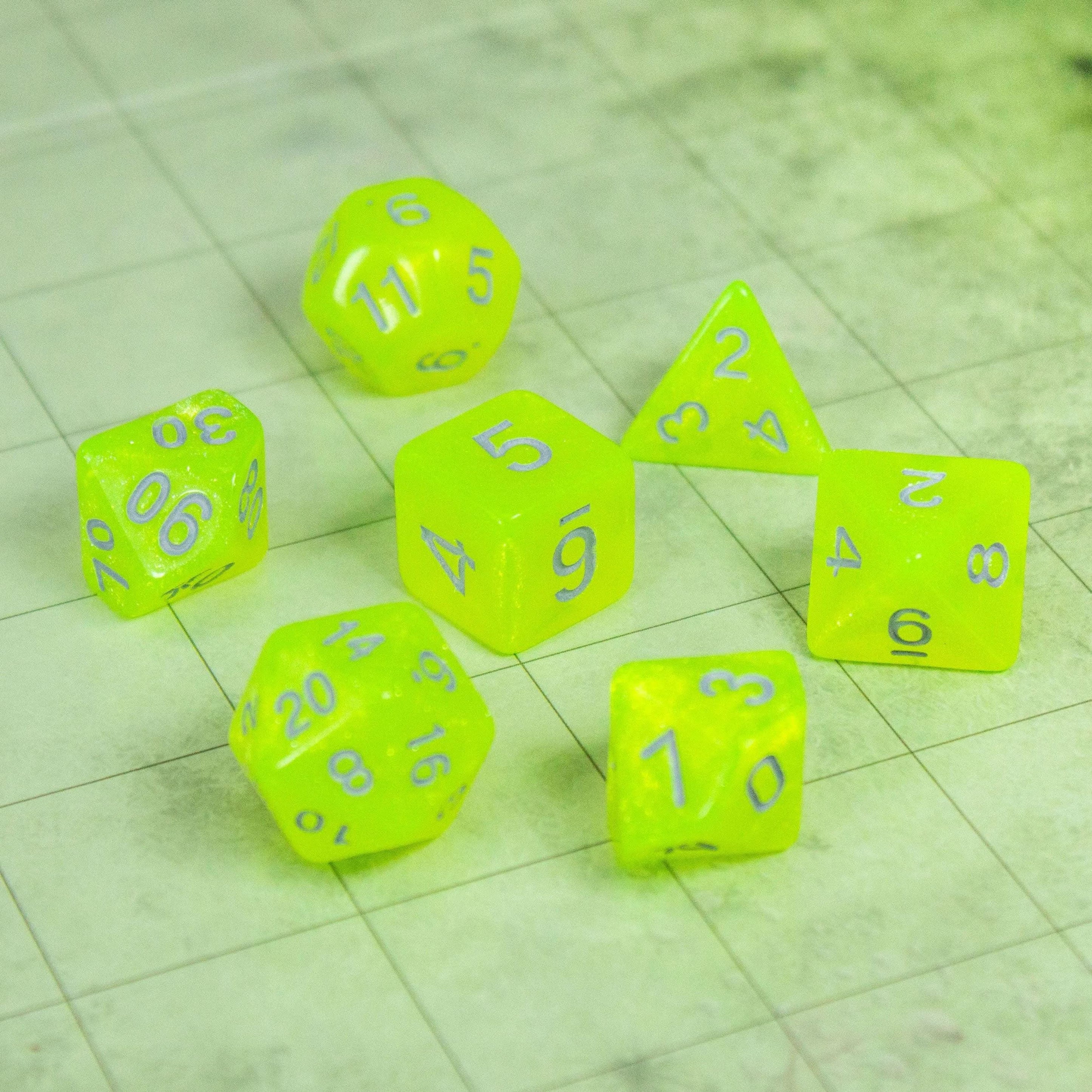 Neon Yellow Shimmer Dice Set | Green Dice for TTRPG  |    Polyhedral Dice | Silver Numbers - MysteryDiceGoblins
