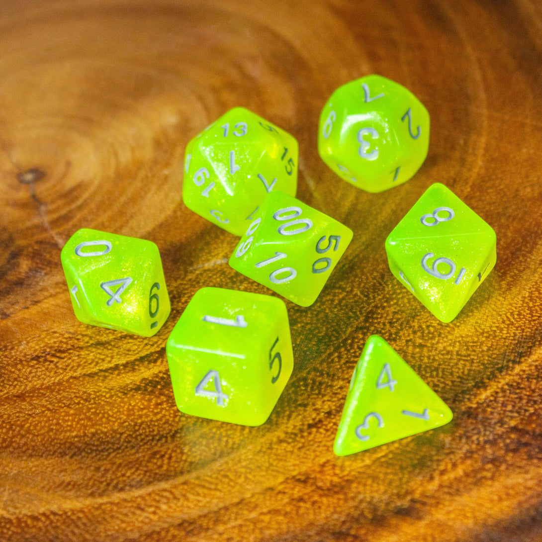 Neon Yellow Shimmer Dice Set | Green Dice for DnD | Dungeons and Dragons Polyhedral Dice | Silver Numbers - MysteryDiceGoblins