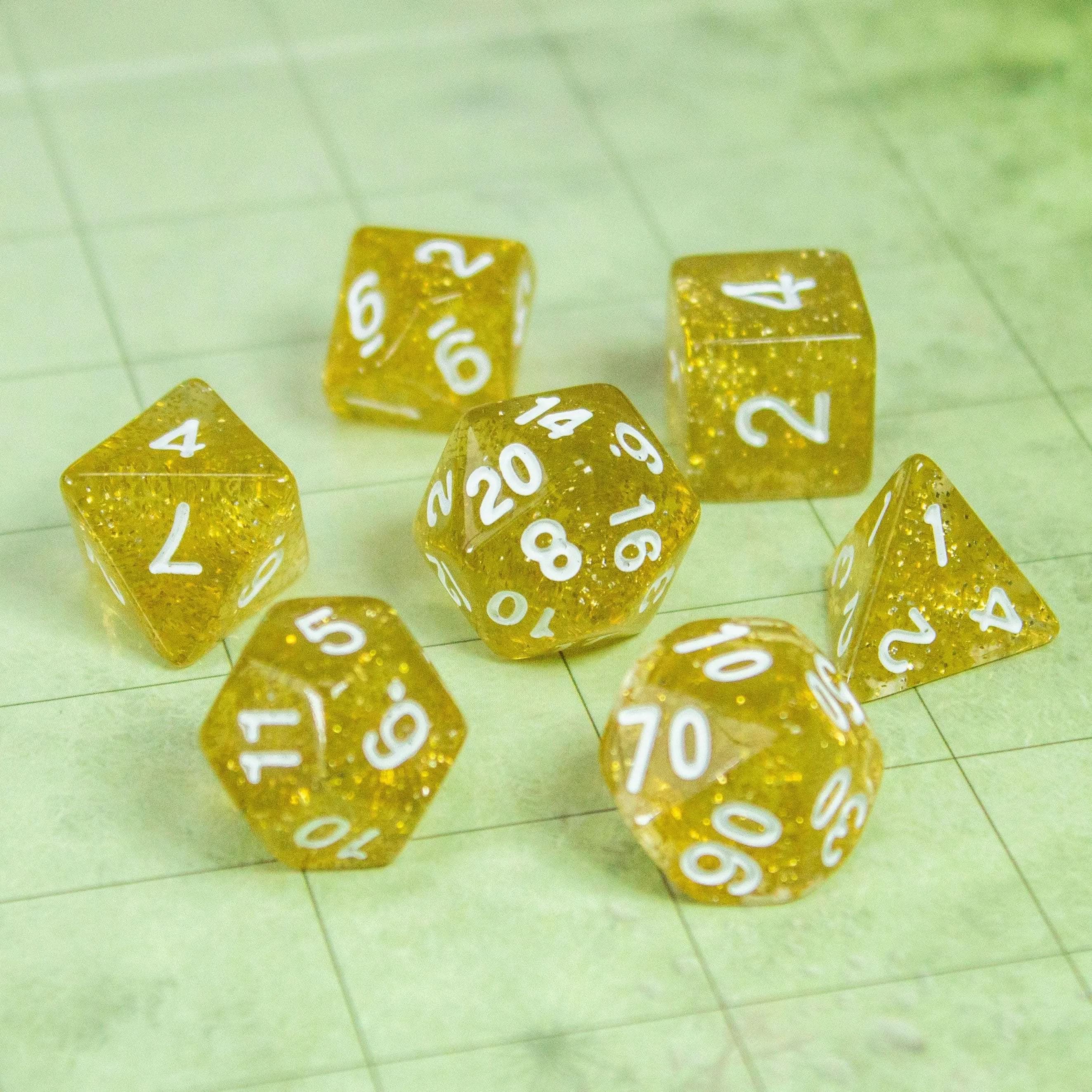 Yellow Shimmer Dice Set | Dice for TTRPG  |    Polyhedral White Dice | White Numbers - MysteryDiceGoblins