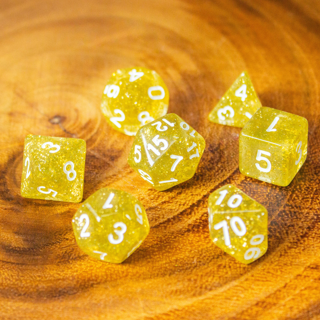 Yellow Shimmer Dice Set | Dice for DnD | Dungeons and Dragons Polyhedral White Dice | White Numbers - MysteryDiceGoblins