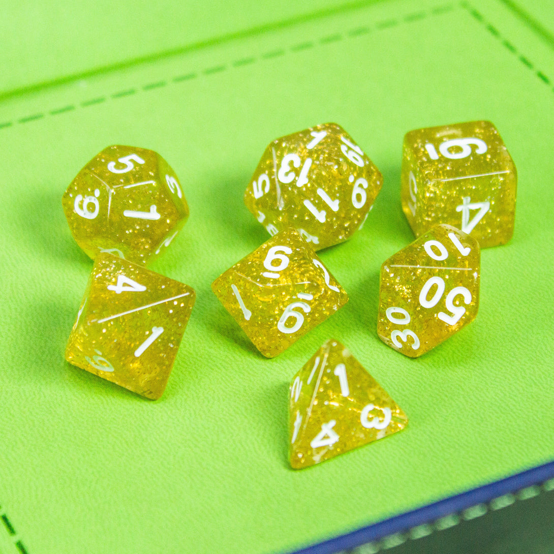 Yellow Shimmer Dice Set | Dice for DnD | Dungeons and Dragons Polyhedral White Dice | White Numbers - MysteryDiceGoblins