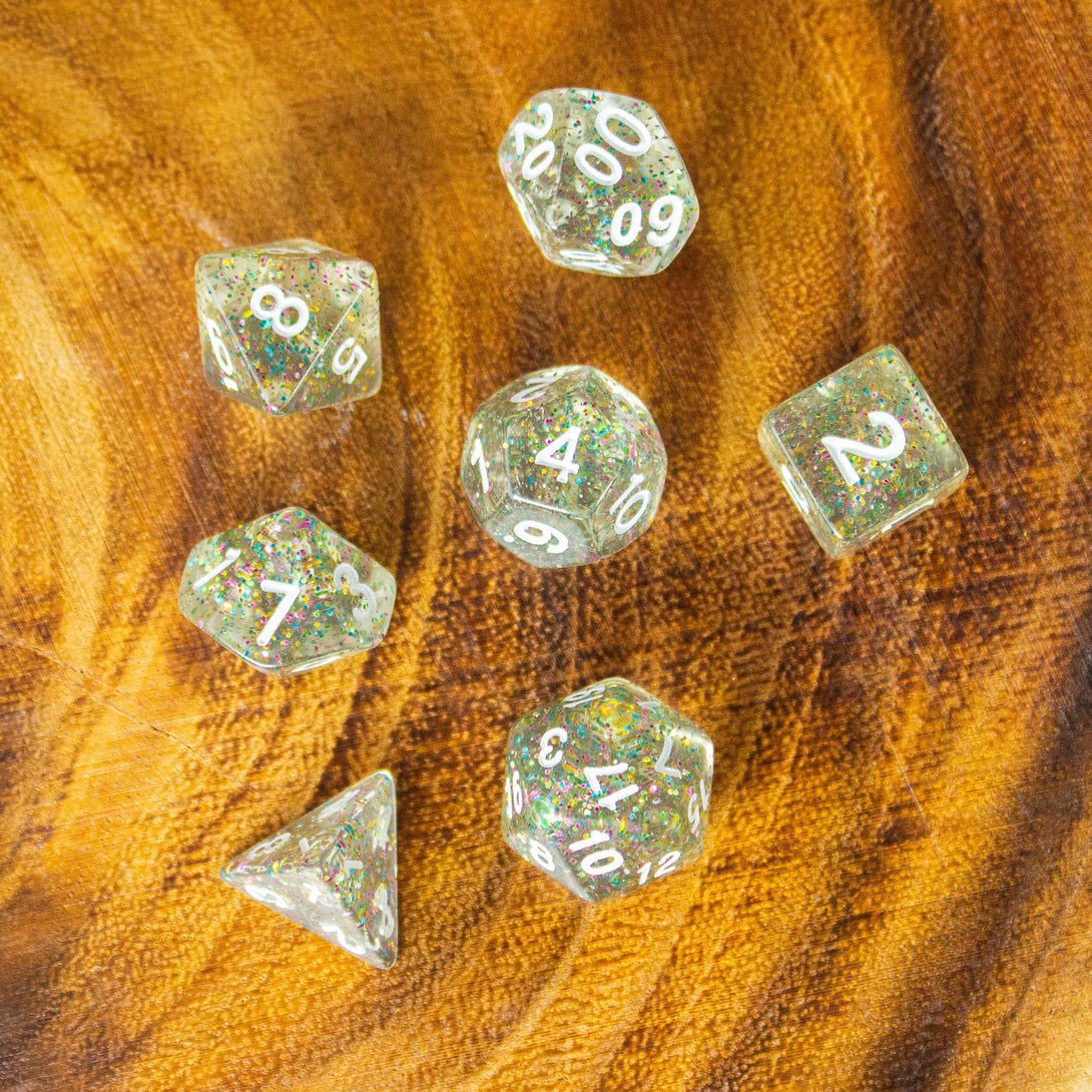 Silver Glitter Shimmer Dice Set | Dice for DnD | Dungeons and Dragons | Polyhedral White Dice | White Numbers - MysteryDiceGoblins